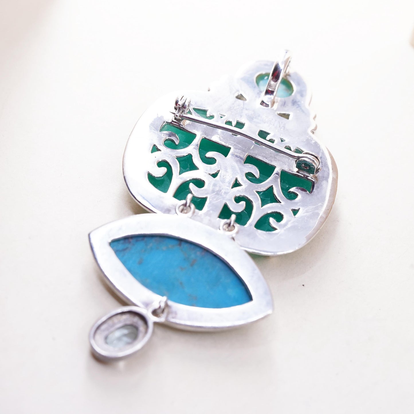 AKR Amy Kahn Russell Pendant Turquoise Carved Jade Brooch Sterling 925 Silver