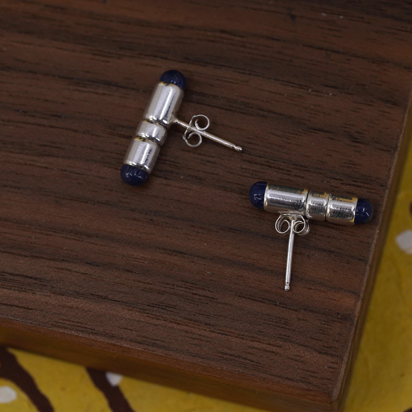Vintage Sterling silver handmade earrings, Mexico 925 tube studs lapis lazuli