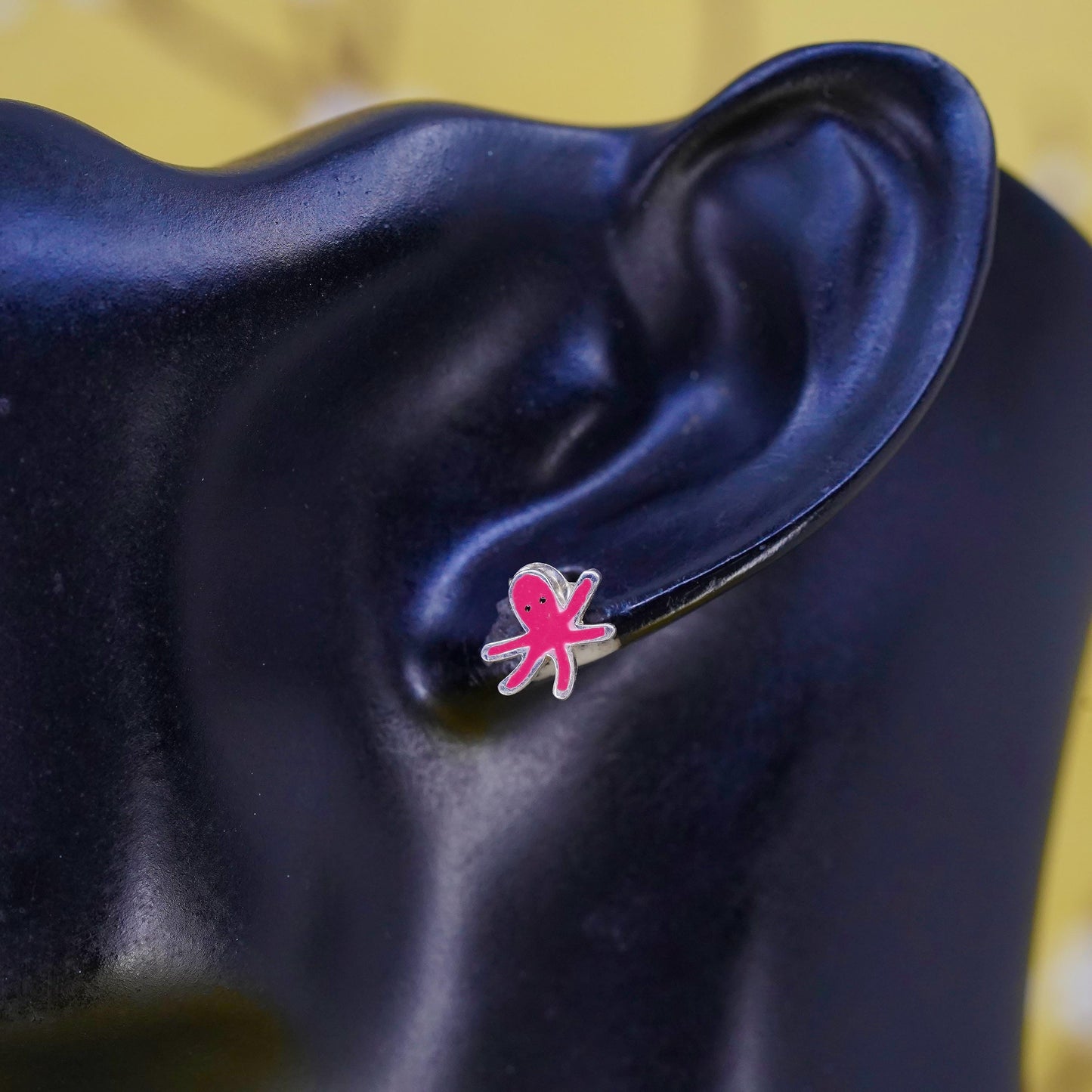 VTG Sterling silver handmade earrings, 925 octopus sausage studs pink enamel