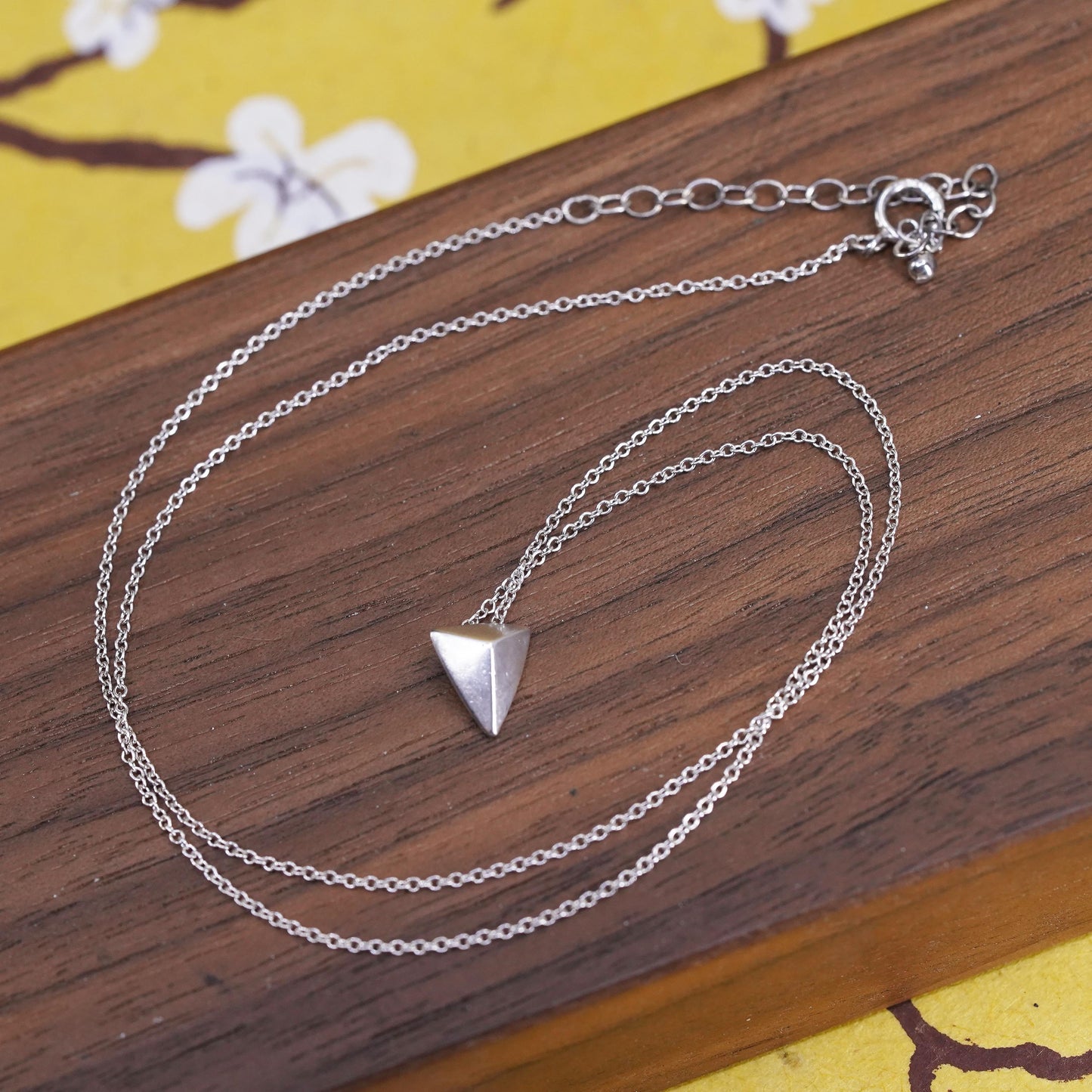 16+2" sterling 925 Silver circle chain necklace triangular pyramid pendant