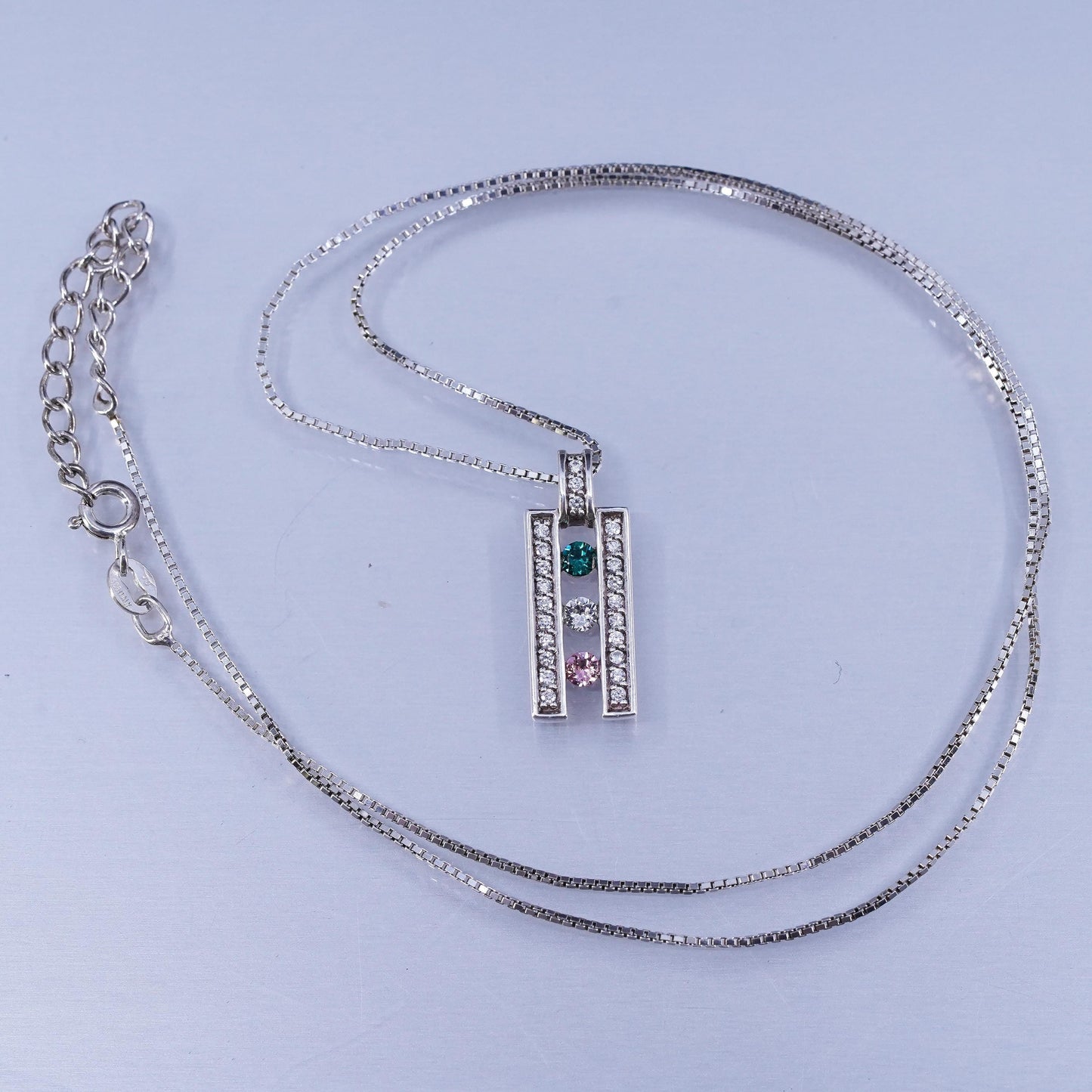18+2”, vintage Sterling 925 silver box chain necklace with crystal pendant