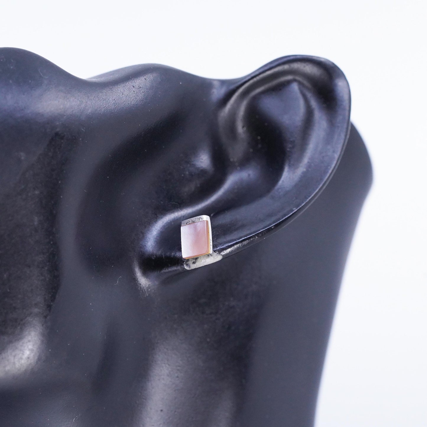 Vintage Sterling 925 silver handmade earrings rectangular studs mother of pearl