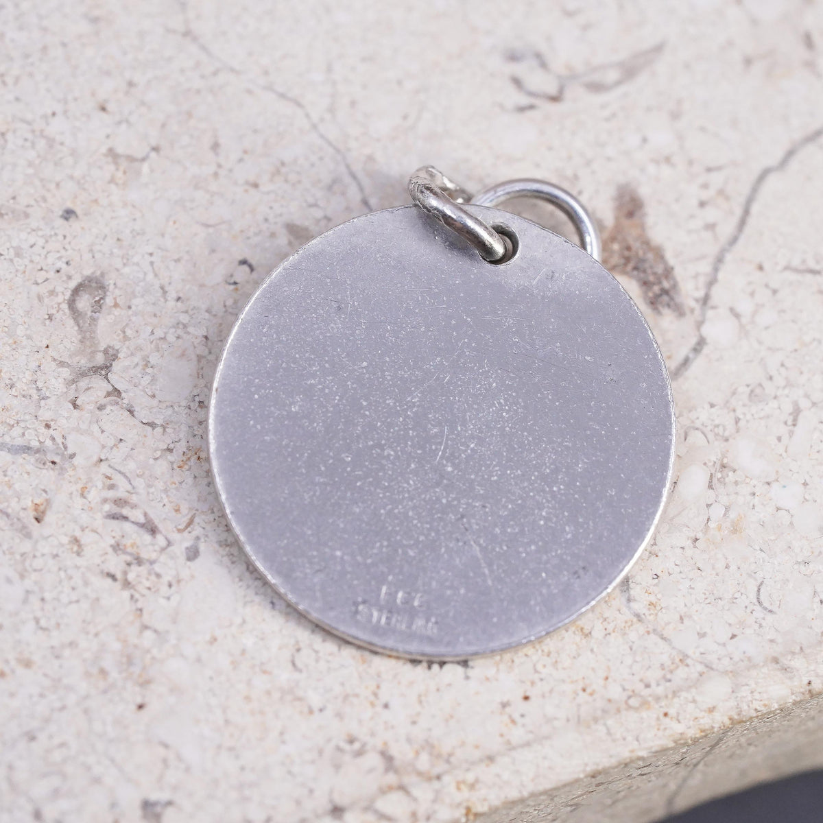 sterling silver pendant, 925 circle tag laser engraved initial "PF", monogram