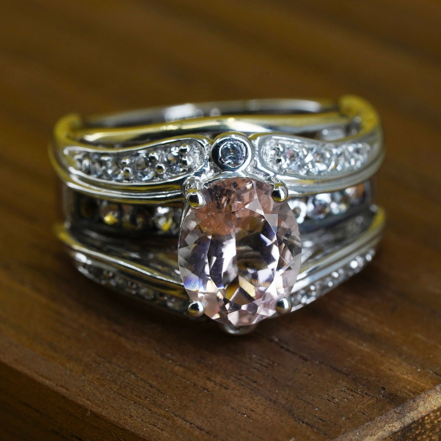 Size 7, Sterling 925 silver double layered ring with pink crystal cluster cz