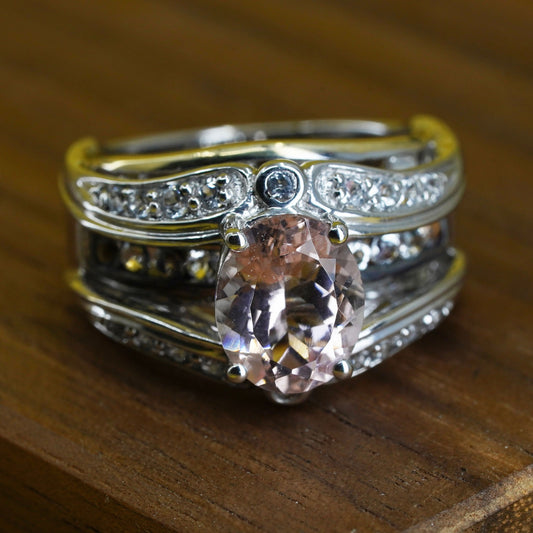 Size 7, Sterling 925 silver double layered ring with pink crystal cluster cz