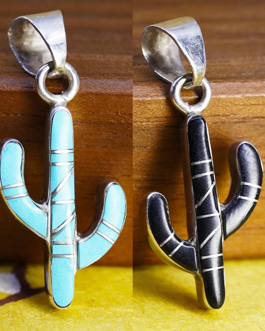 Native American Sterling 925 silver double sided Pendant, Navajo Saguaro Cactus