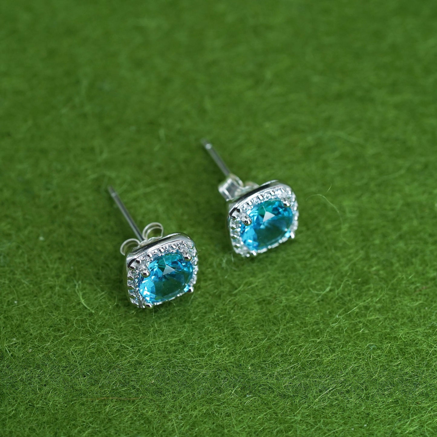 vintage sterling silver earrings w/ blue topaz and cz around, 925 silver studs
