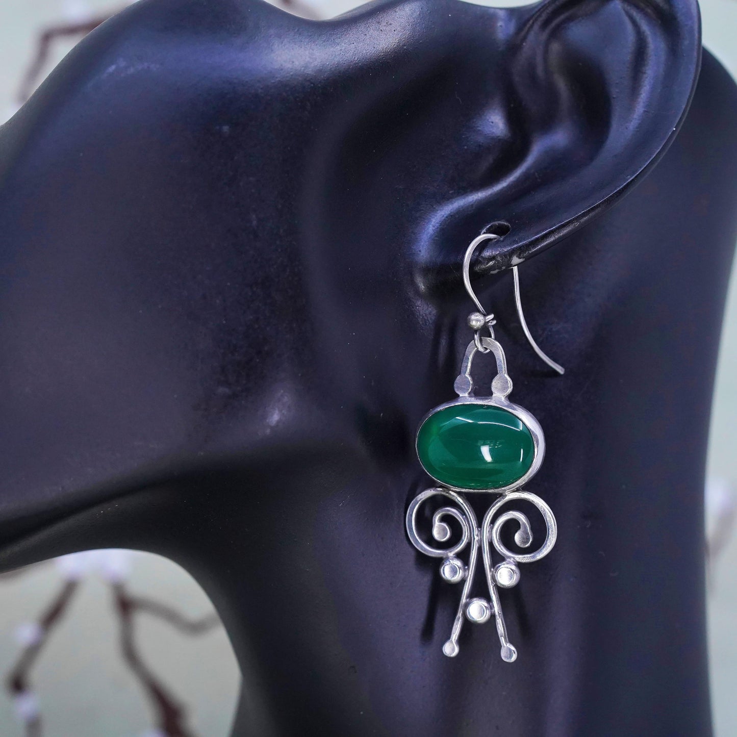 Vintage Sterling silver handmade earrings, 925 whirl waves dangles and jade