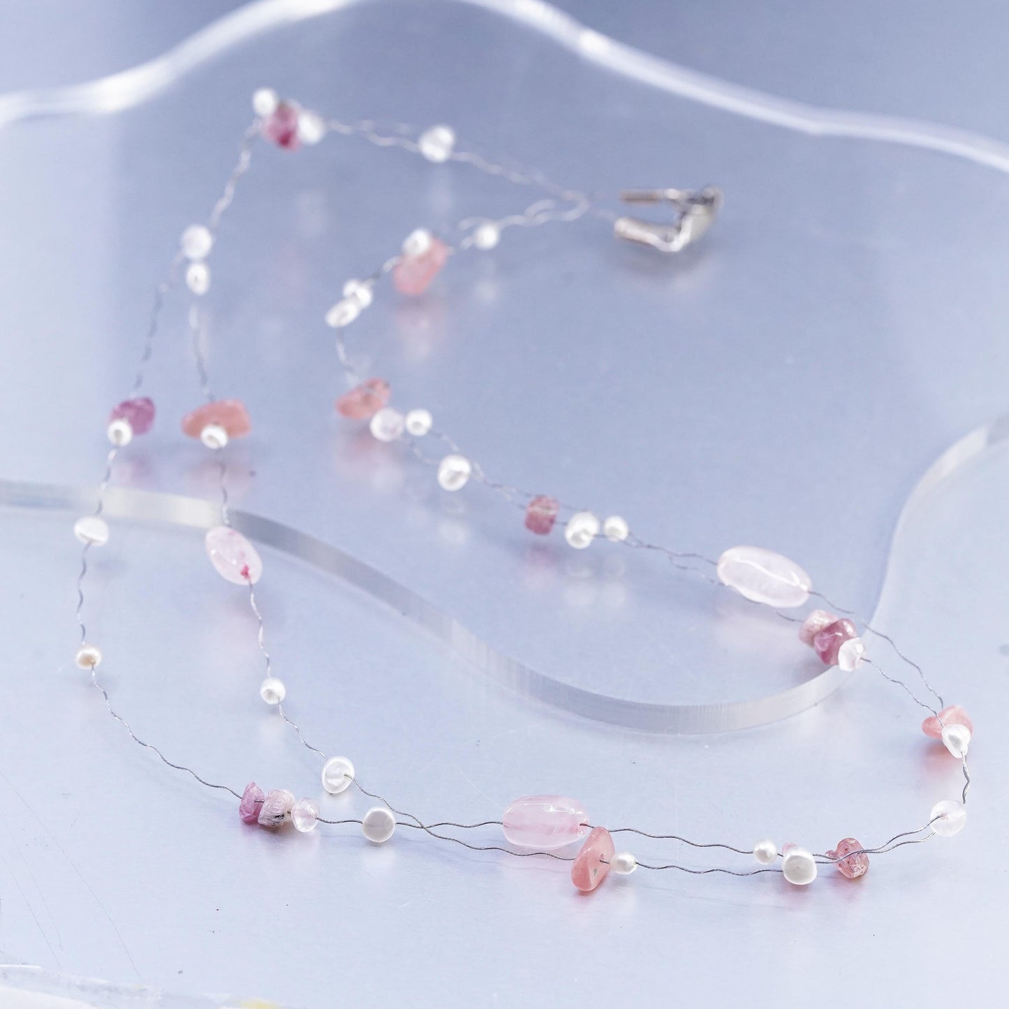 18” double strands necklace 925 sterling Silver clasp Rose Quartz Pearl beads