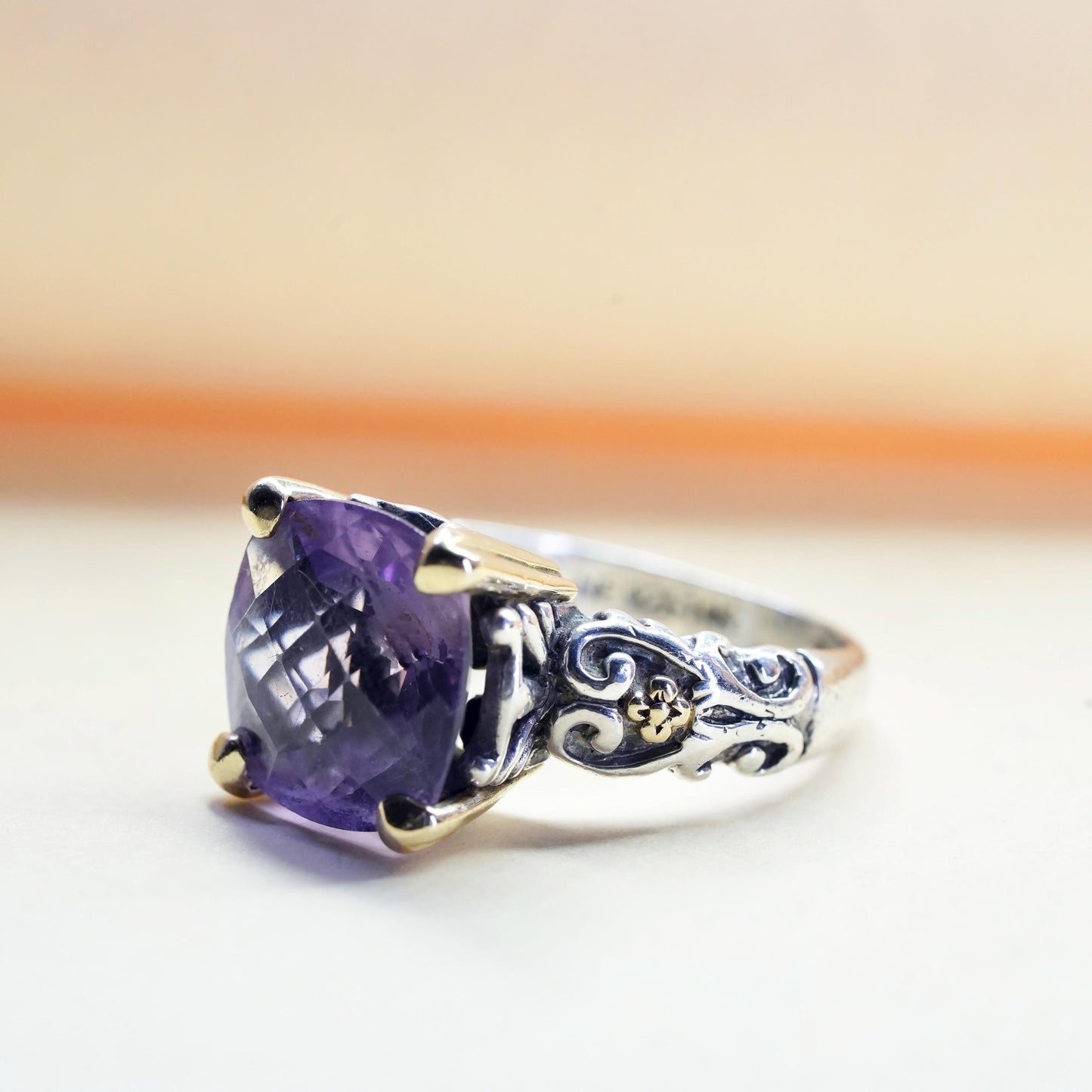 Size 7, two tone Sterling silver textured ring amethyst 14K yellow gold beads