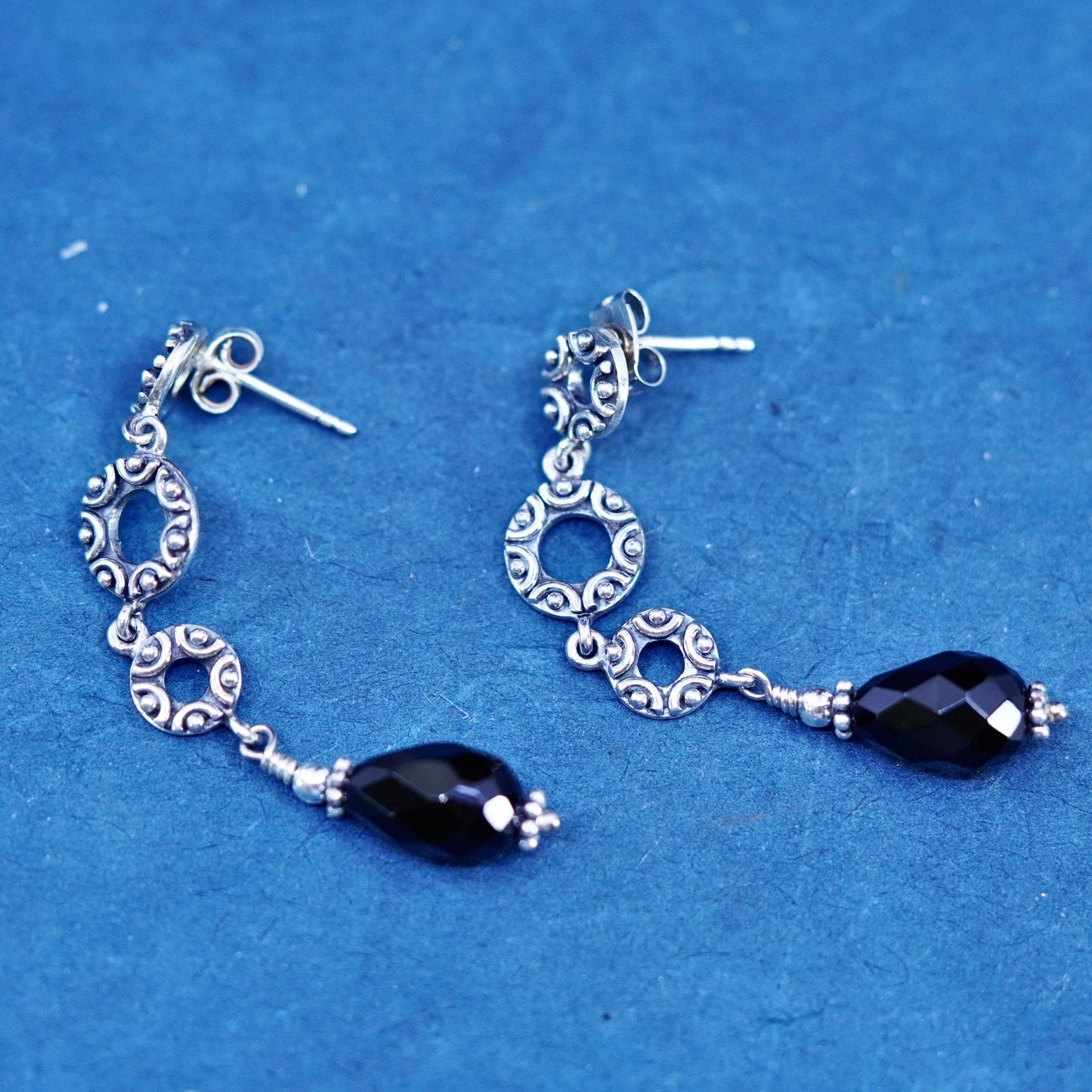 Vintage Sterling 925 silver handmade earrings with teardrop obsidian