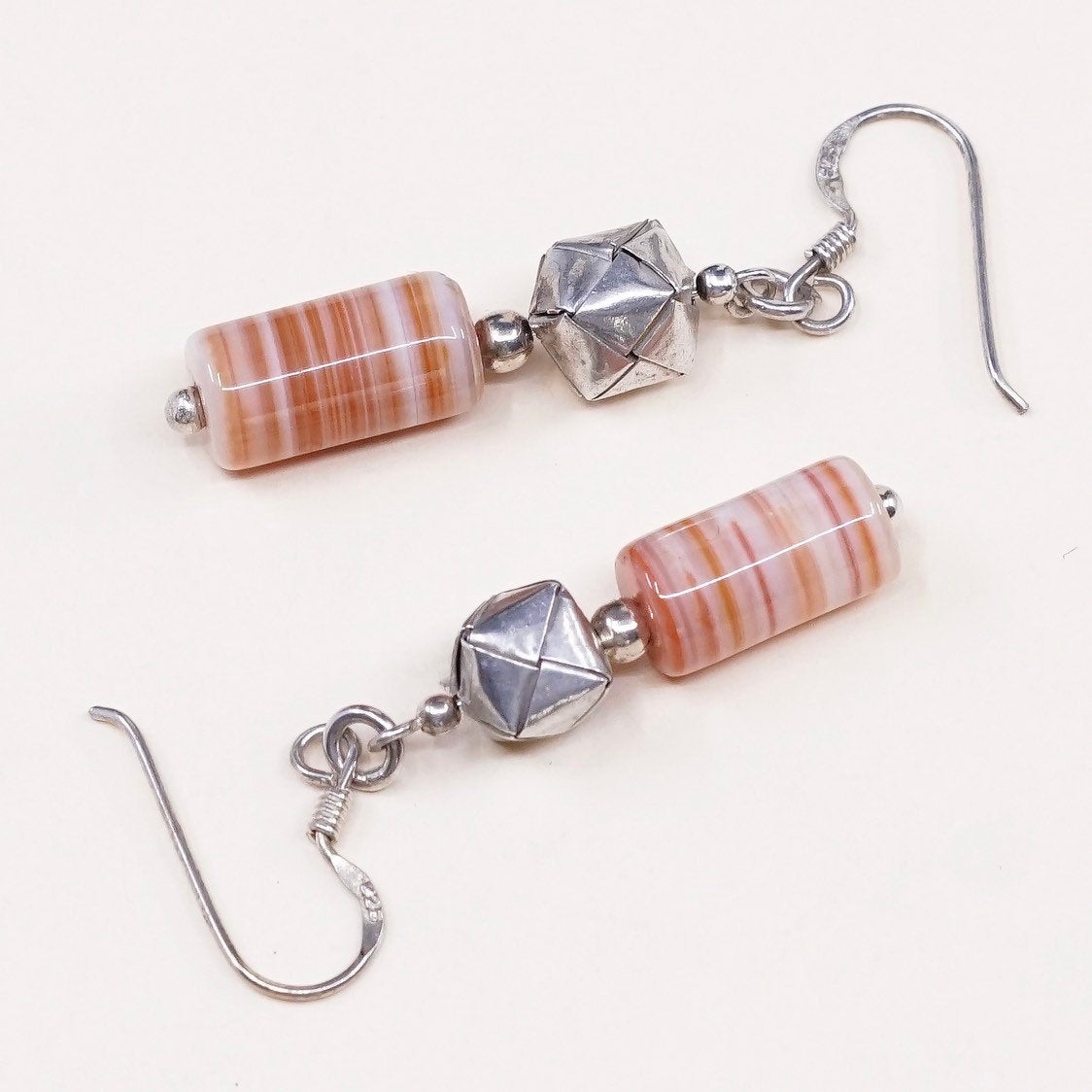 Sterling silver handmade earrings, solid 925 origami beads w/ orange lace agate