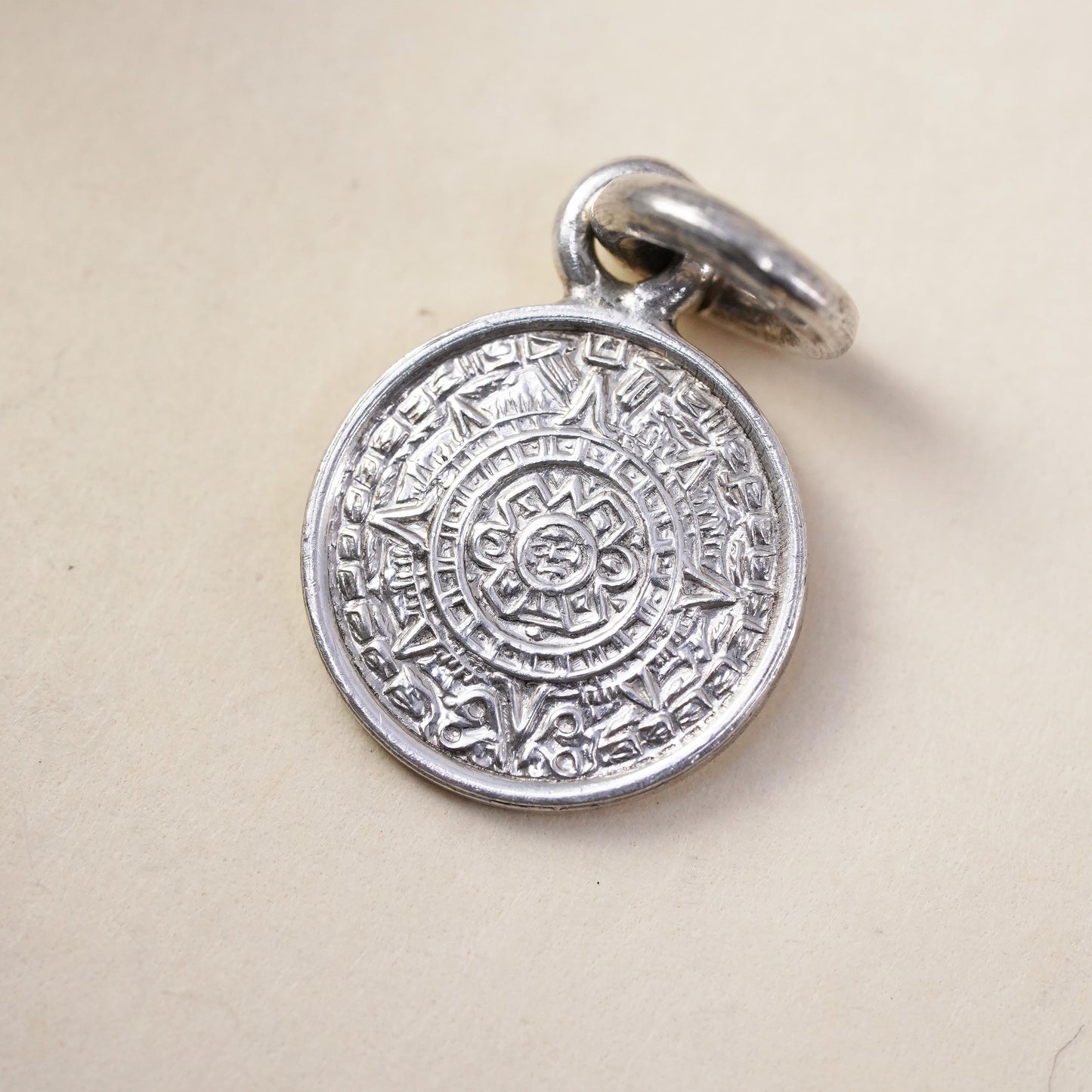 Vintage sterling silver handmade pendant, Mexican 925 Mayan calendar charm
