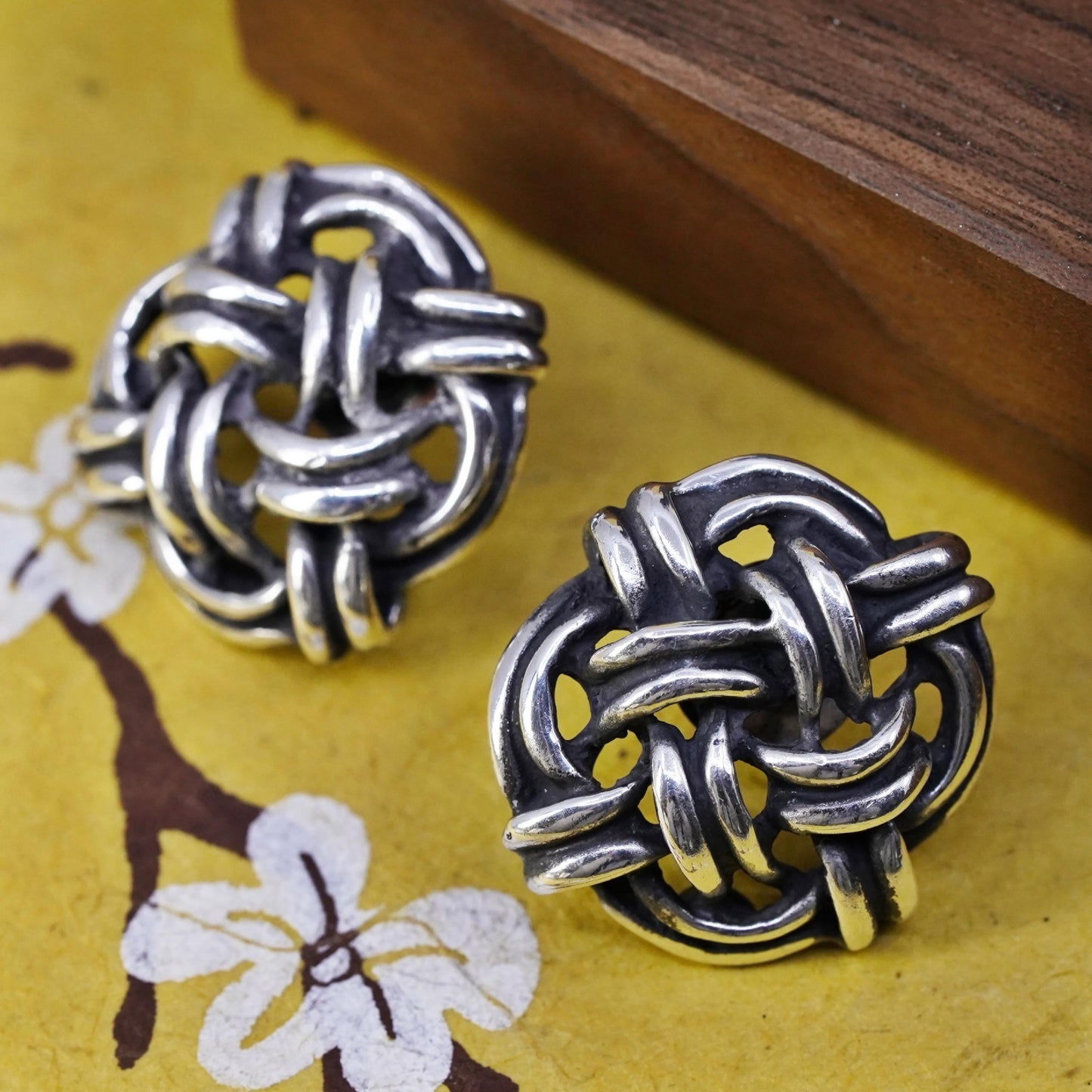 Vintage Sterling silver handmade earrings, 925 woven braided square studs