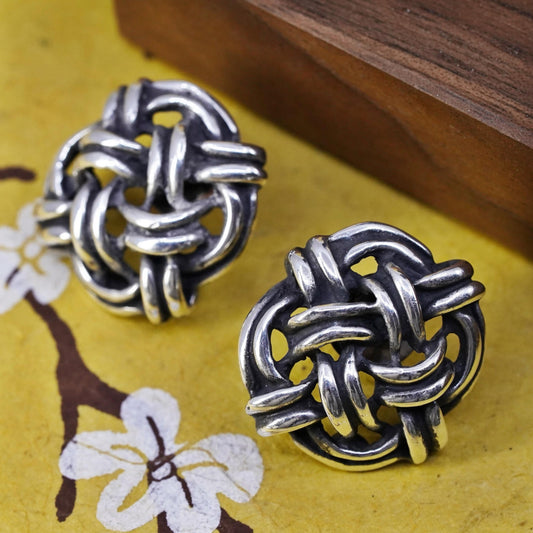 Vintage Sterling silver handmade earrings, 925 woven braided square studs