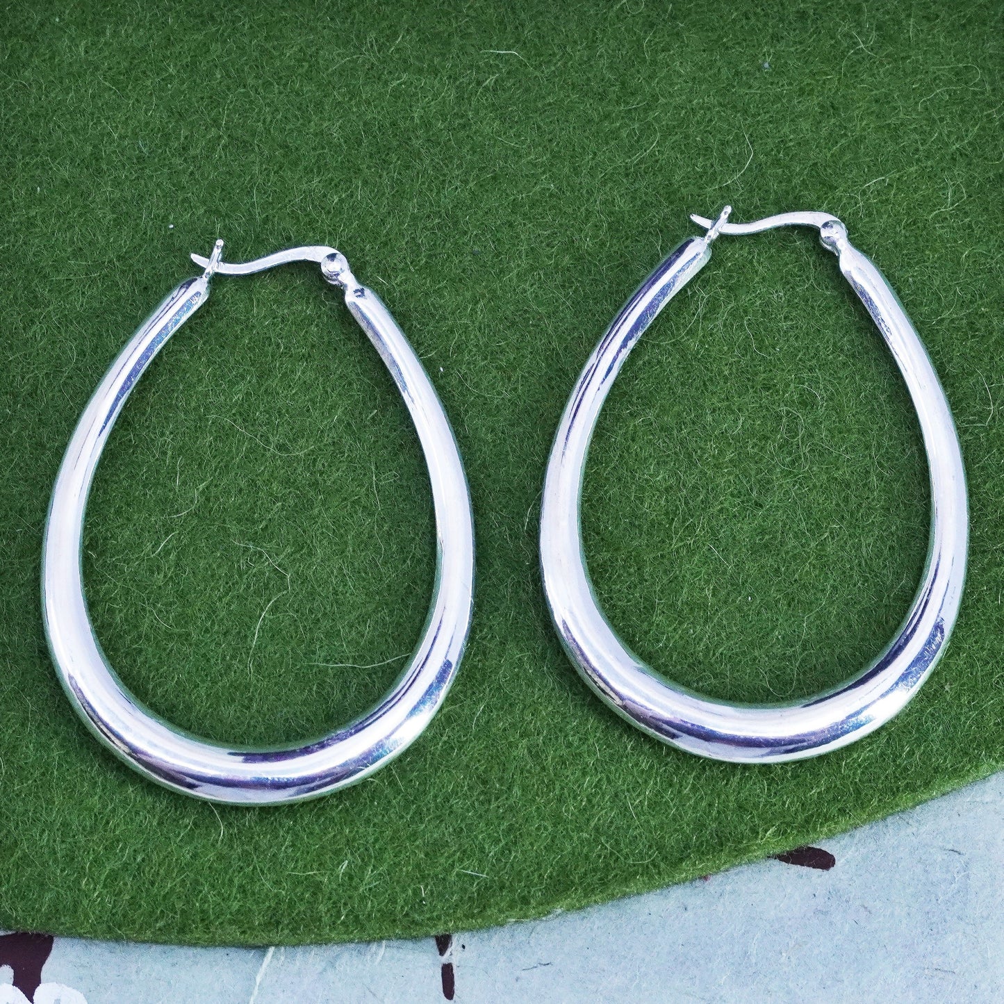 2” Vintage sterling silver oval loop earrings, minimalist primitive hoops