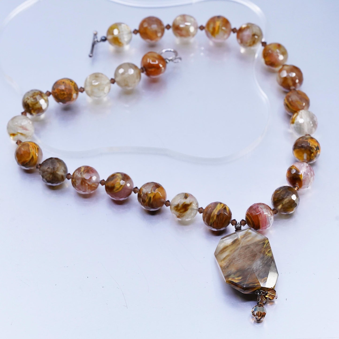 20", Vintage agate pink quartz necklace with sterling 925 silver toggle closure