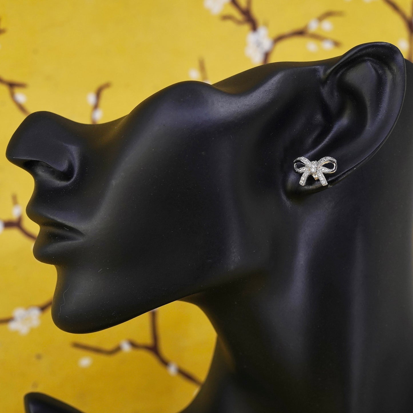 Vintage Sterling silver cluster clear crystal ribbon bow tie studs, cz earrings