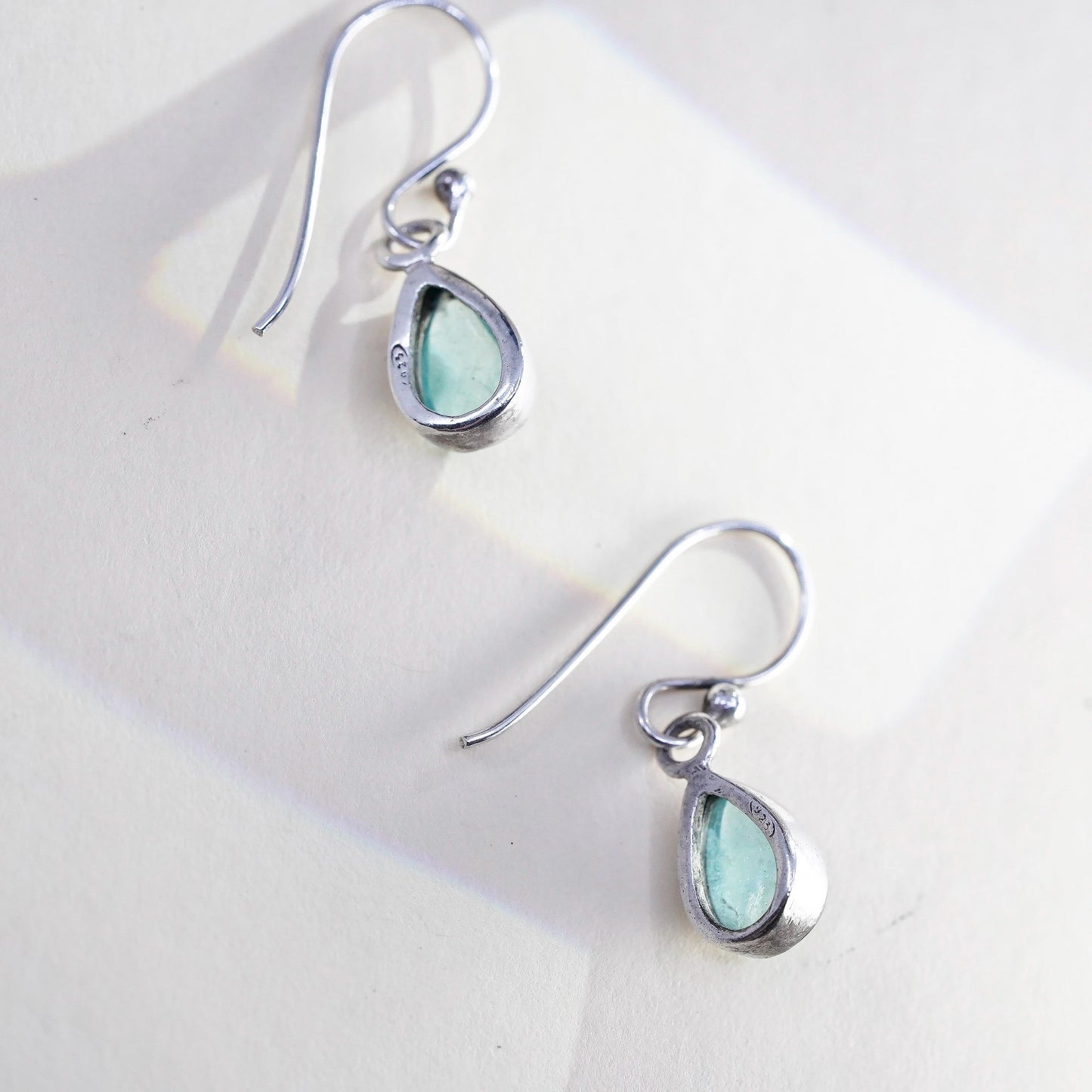 925 Sterling Silver Earrings, Pear Shaped Dangles, Minimalist Aqua Green Drops