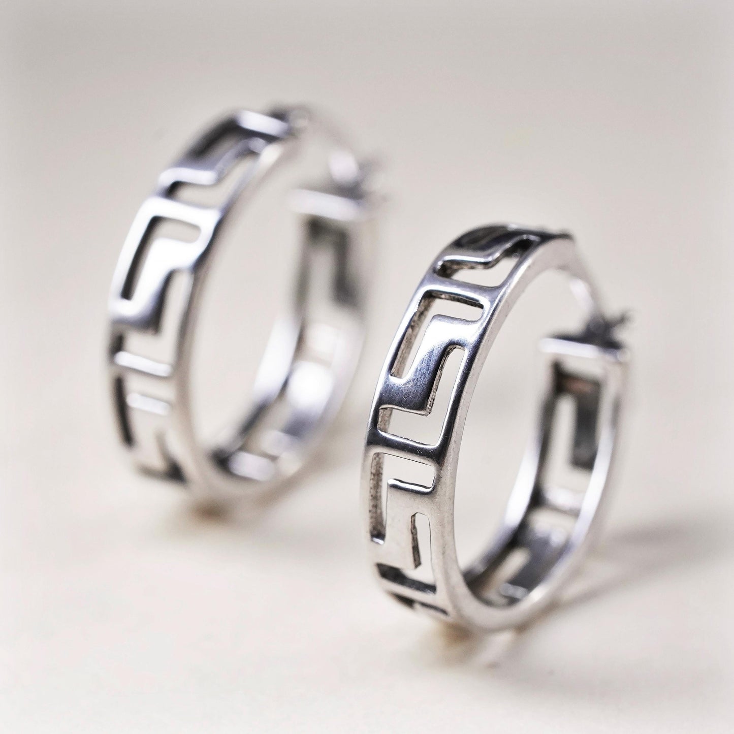 0.75", Vintage sterling silver loop earrings, fashion Greek key primitive hoops