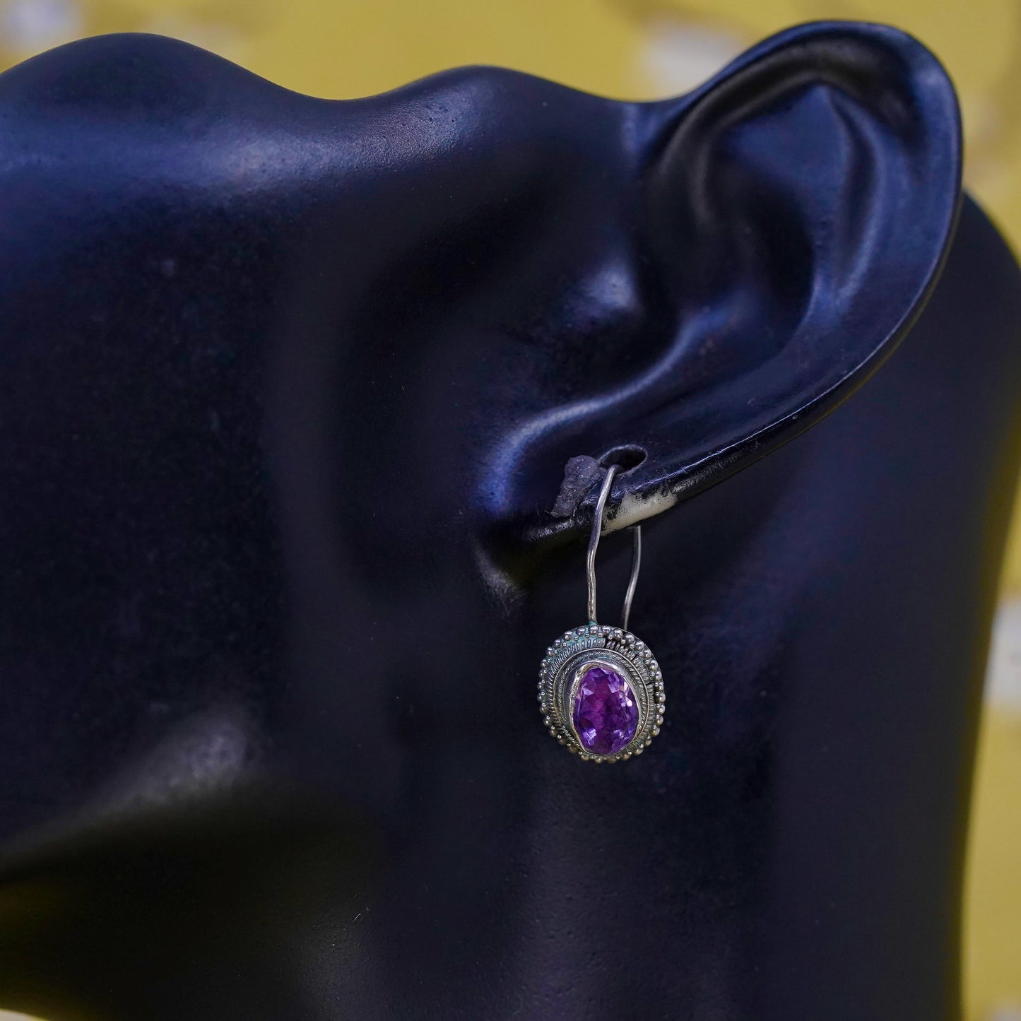 Vintage Sterling 925 silver handmade earrings with oval amethyst and cable
