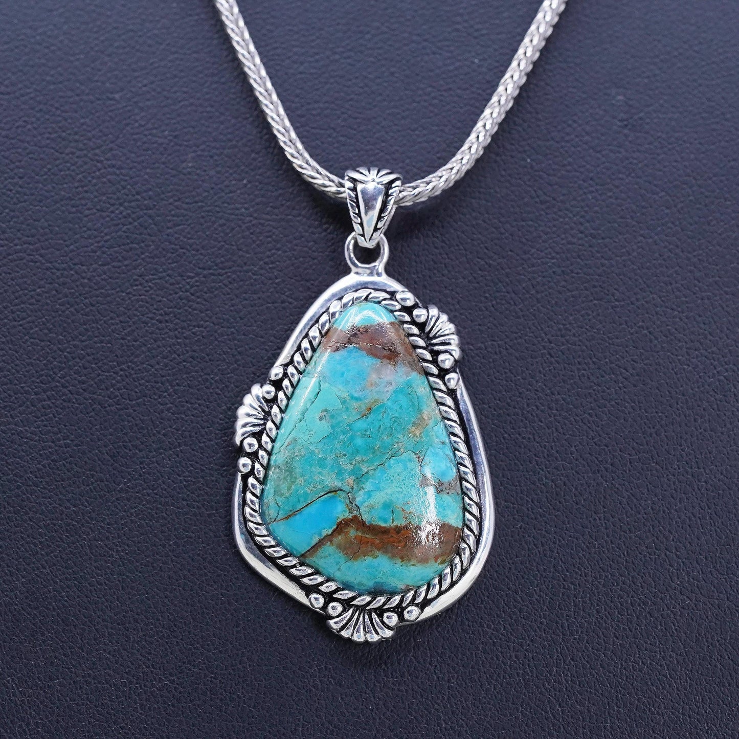 18" southwestern Sterling silver necklace, 925 wheat chain w/ turquoise pendant