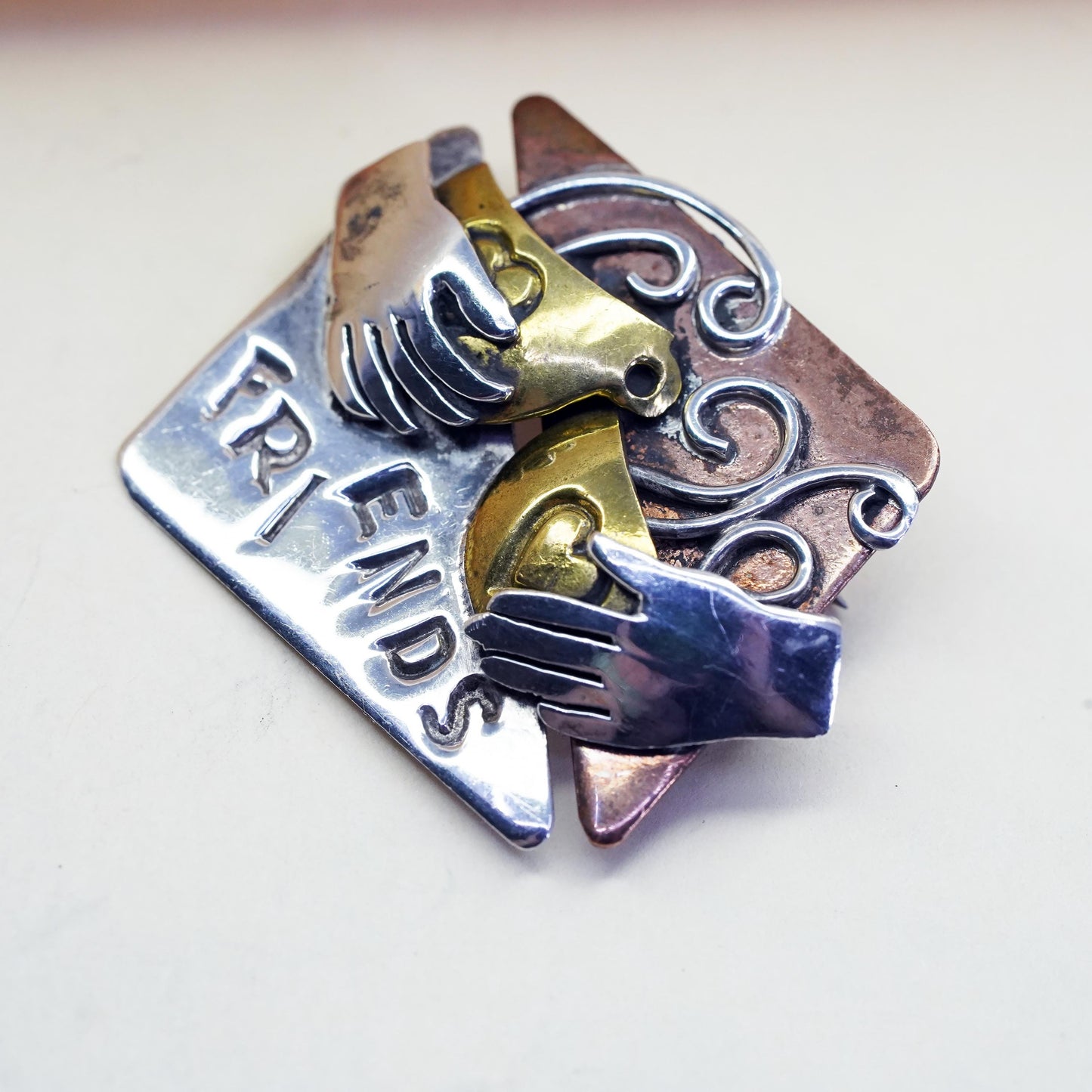 Vintage triple tone Sterling silver brooch, 925 friends bird hands pin brass