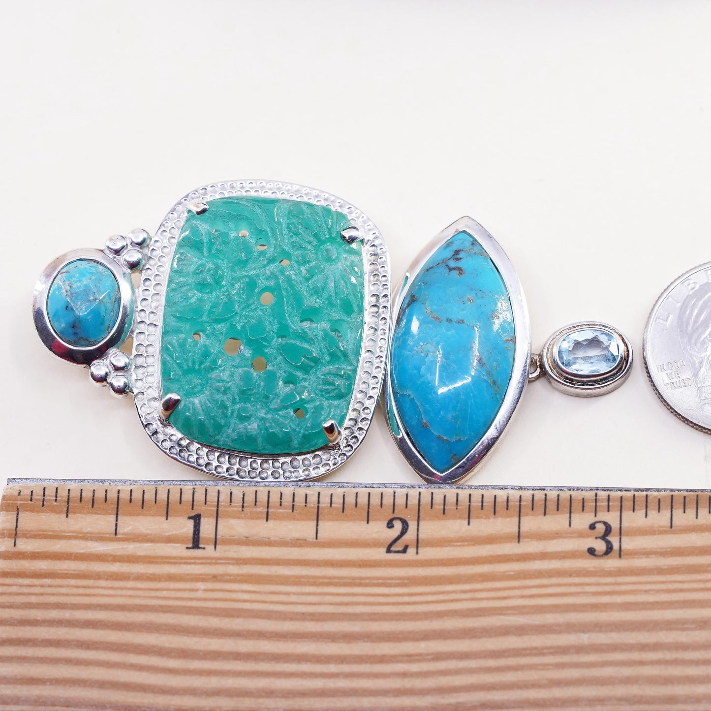 AKR Amy Kahn Russell Pendant Turquoise Carved Jade Brooch Sterling 925 Silver