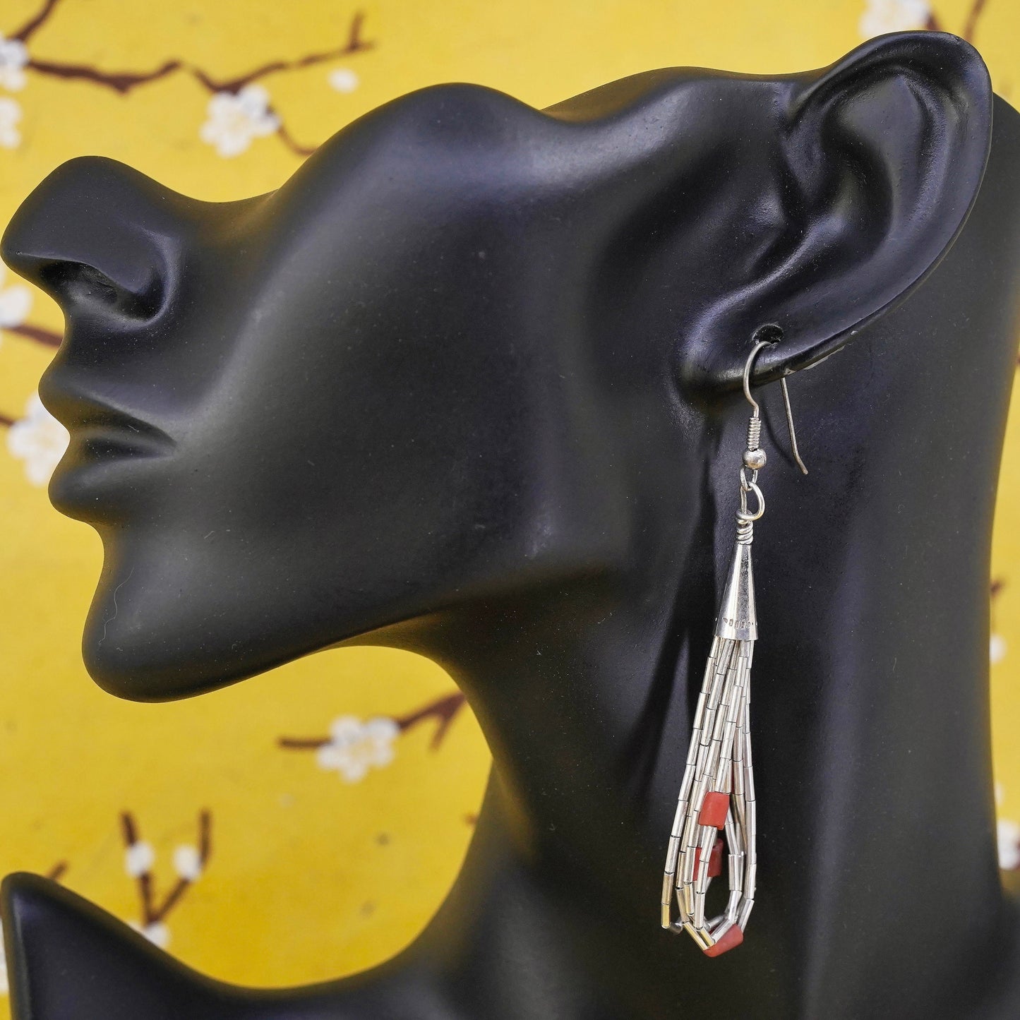 Native American southwestern Sterling 925 earrings, Mexican liquid silver coral