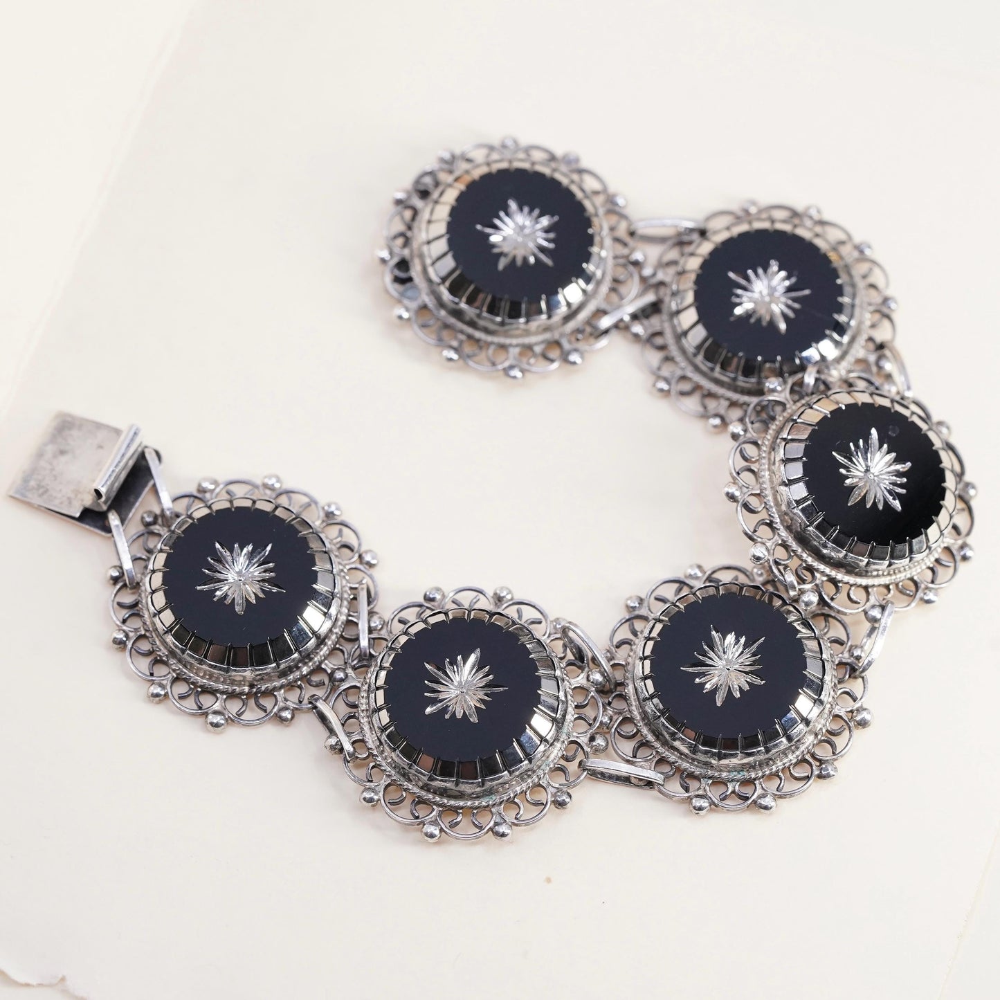 6.5” Mexican Sterling 925 Silver Black Onyx Panel Star Bracelet, Hecho En Taxco