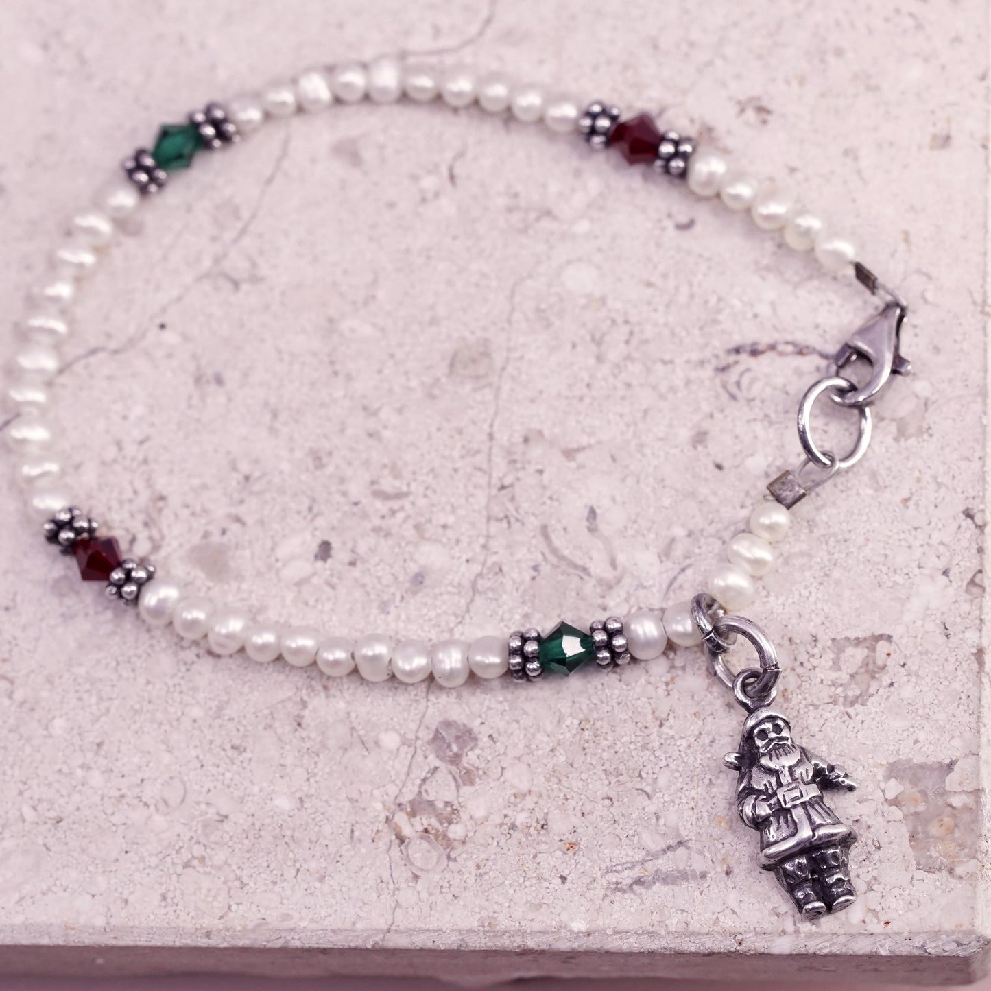6.25”, vintage Sterling 925 silver bracelet with pearl beads and Santa charm