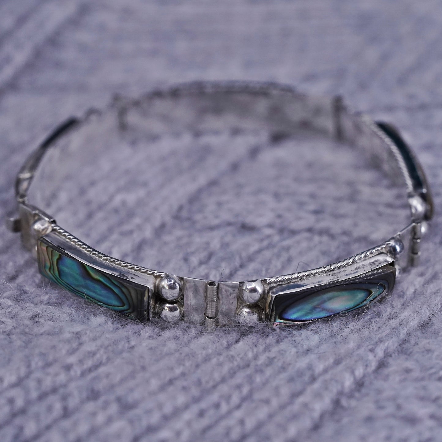 6.75", vintage Mexican Sterling 925 silver handmade tennis bracelet w/ abalone