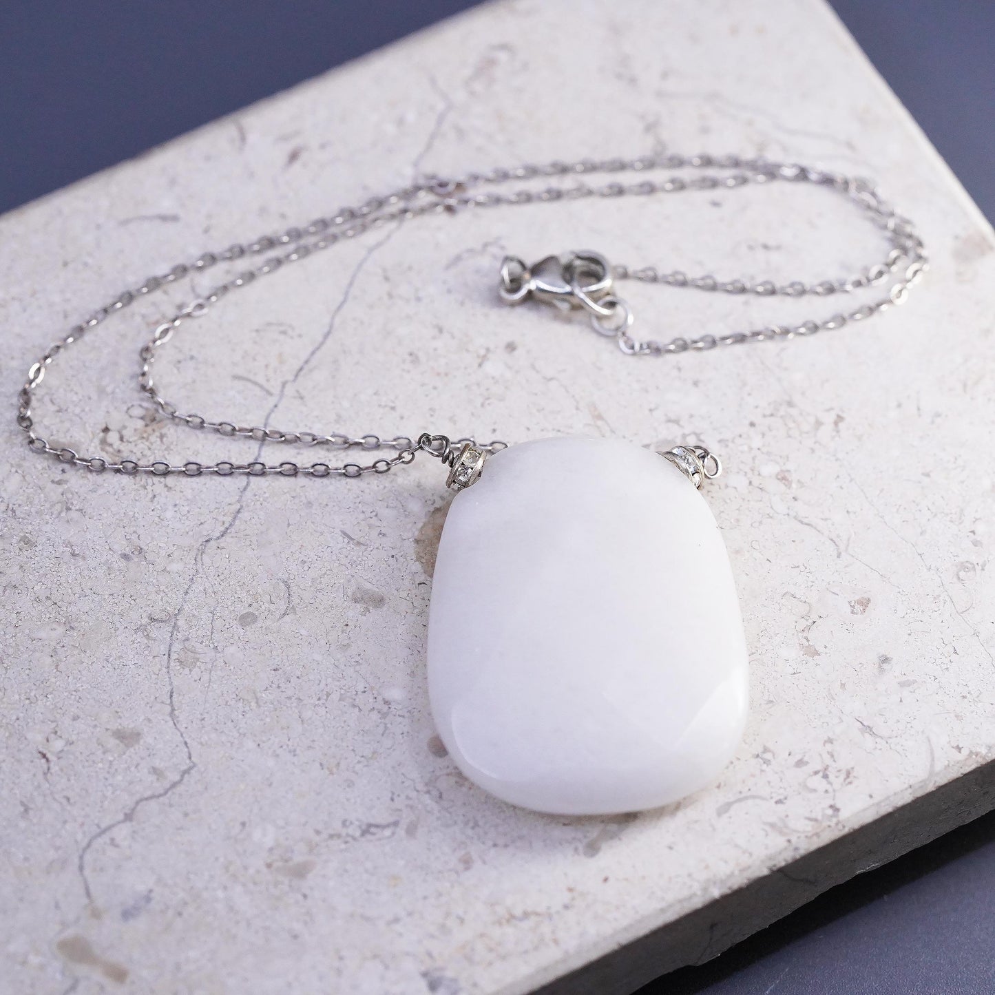 16", VTG Faceted Natural White Jadeite Jade Necklace Sterling Silver 925 Chain