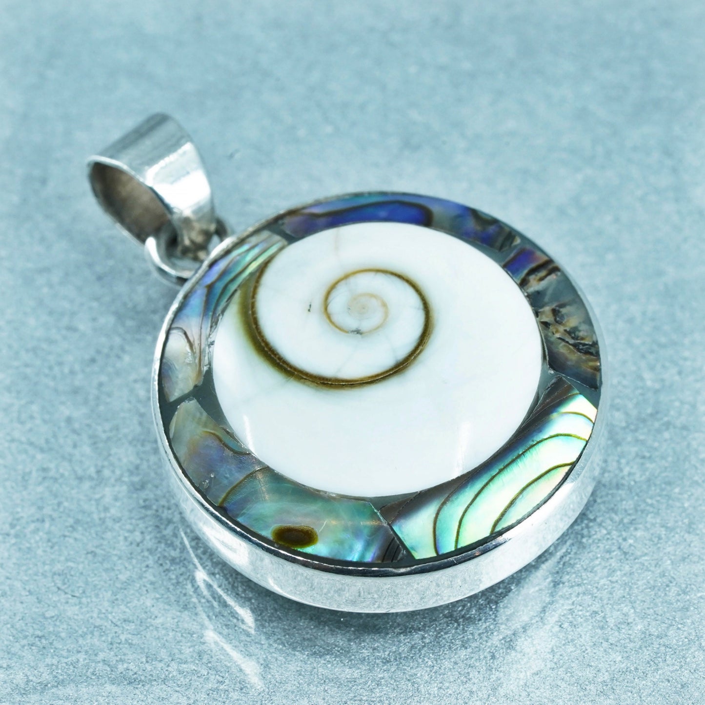 Sterling 925 Silver Shiva eye pendant abalone inlay | fossil shell jewelry