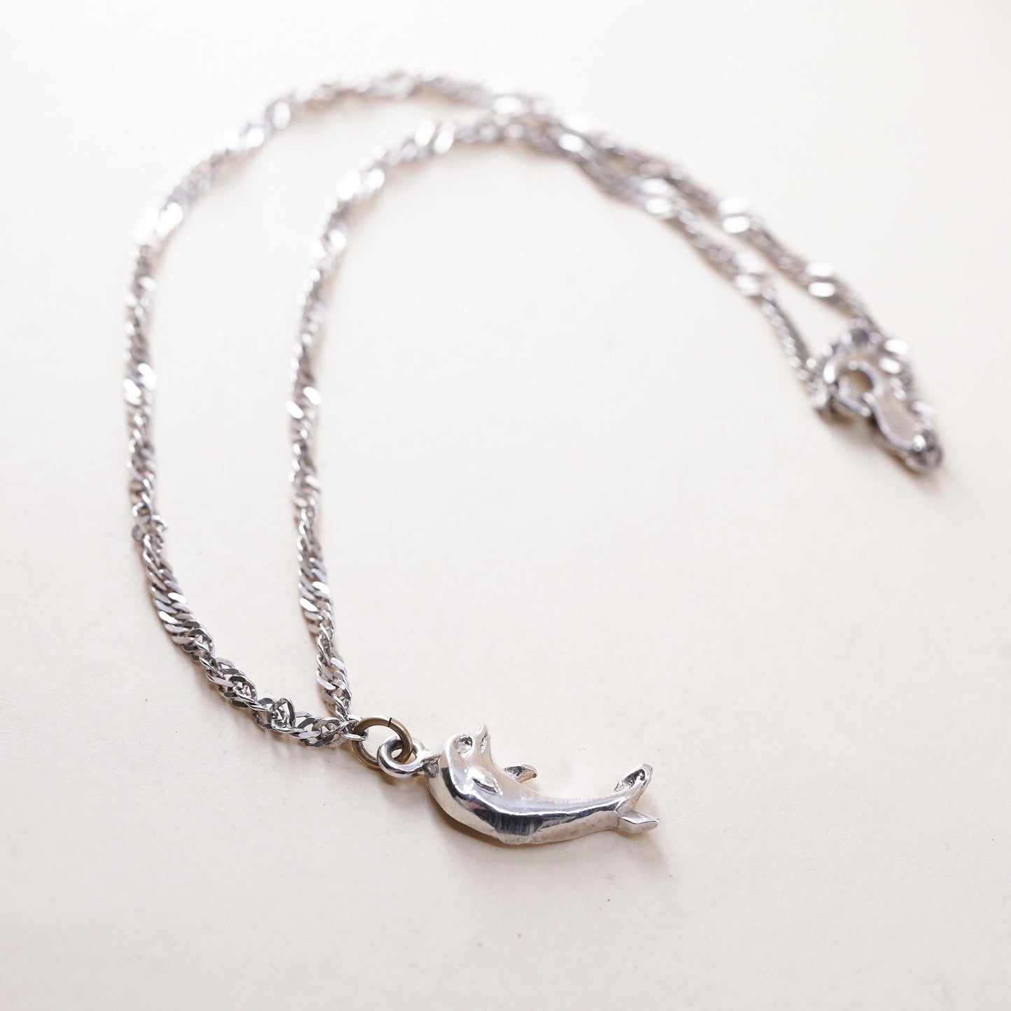 11”, sterling silver bracelet, 925 twisted herringbone anklet W/ dolphin charm