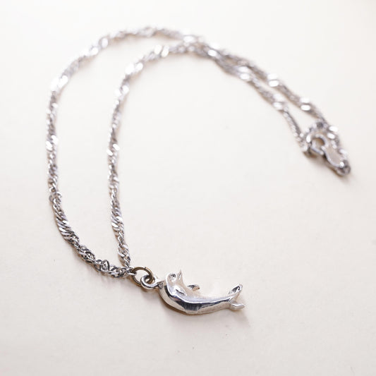 11”, sterling silver bracelet, 925 twisted herringbone anklet W/ dolphin charm