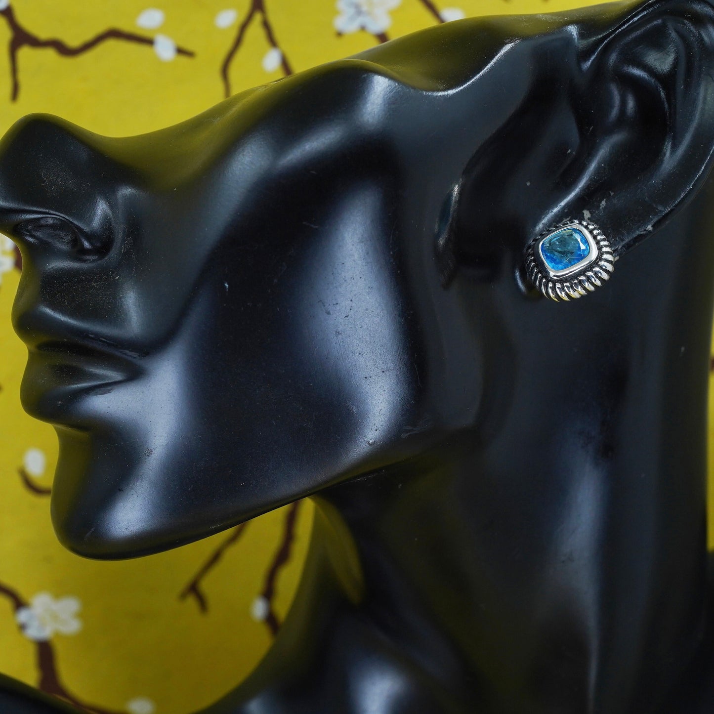 Vintage Sterling silver handmade earrings, 925 rubber studs with blue topaz