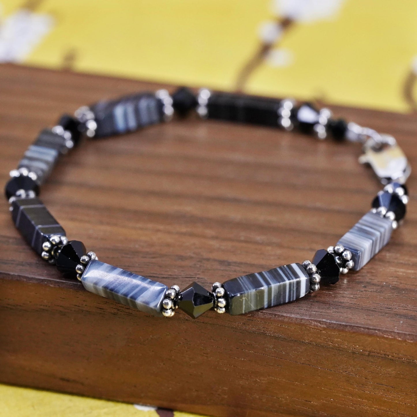 7”, Vintage Sterling 925 silver handmade bracelet, chain with agate tube