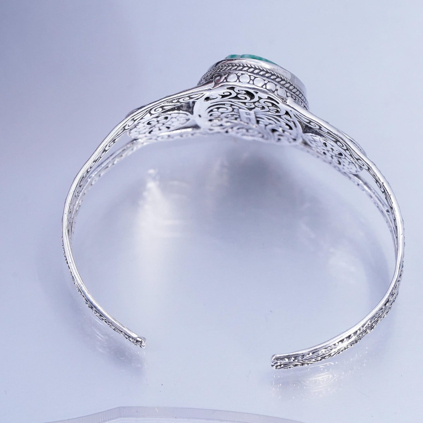 7.5”, Navajo Sandra Sterling 925 silver bracelet, cuff carved dolphin jade