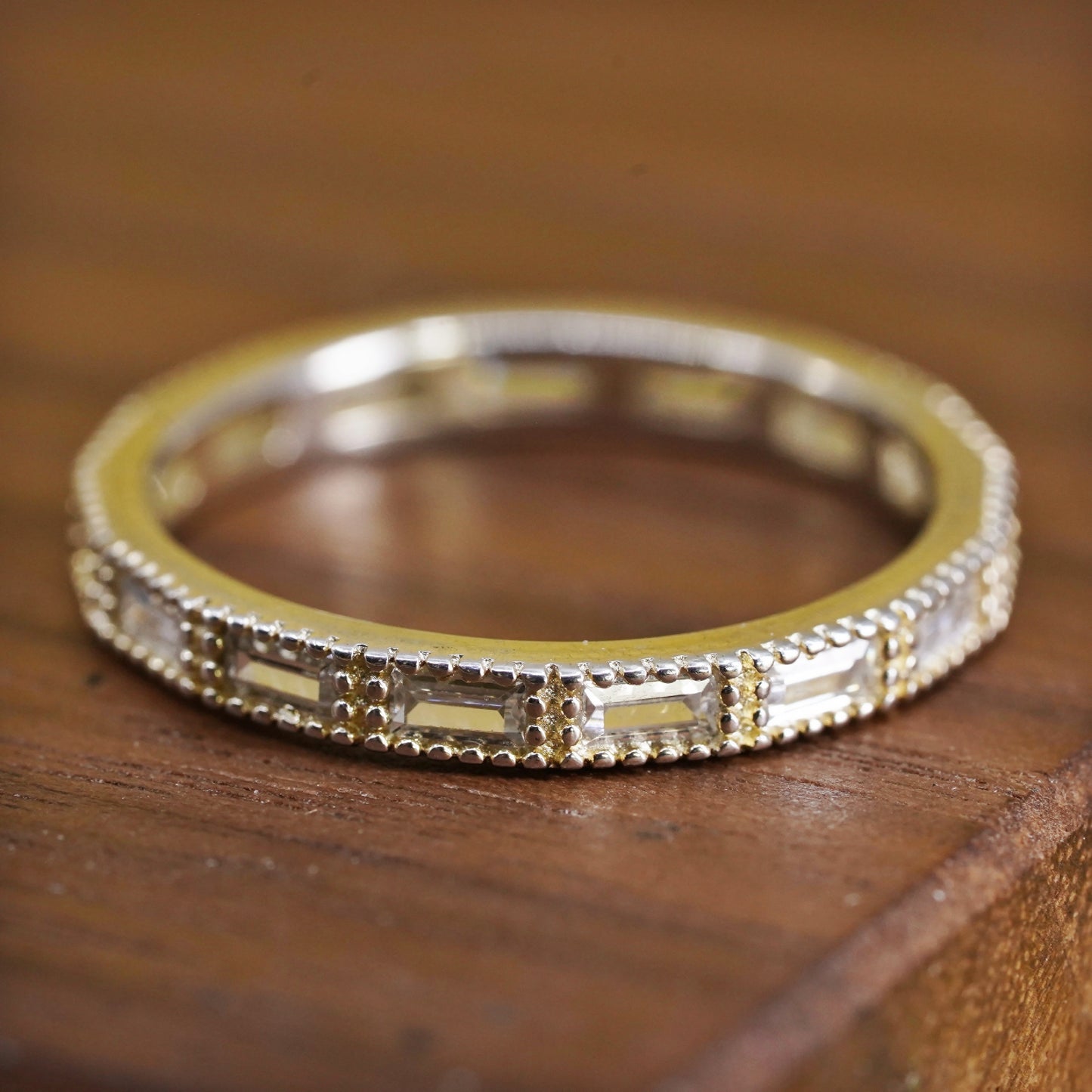 Size 7, VTG vermeil gold over Sterling silver ring, 925 stackable band with cz
