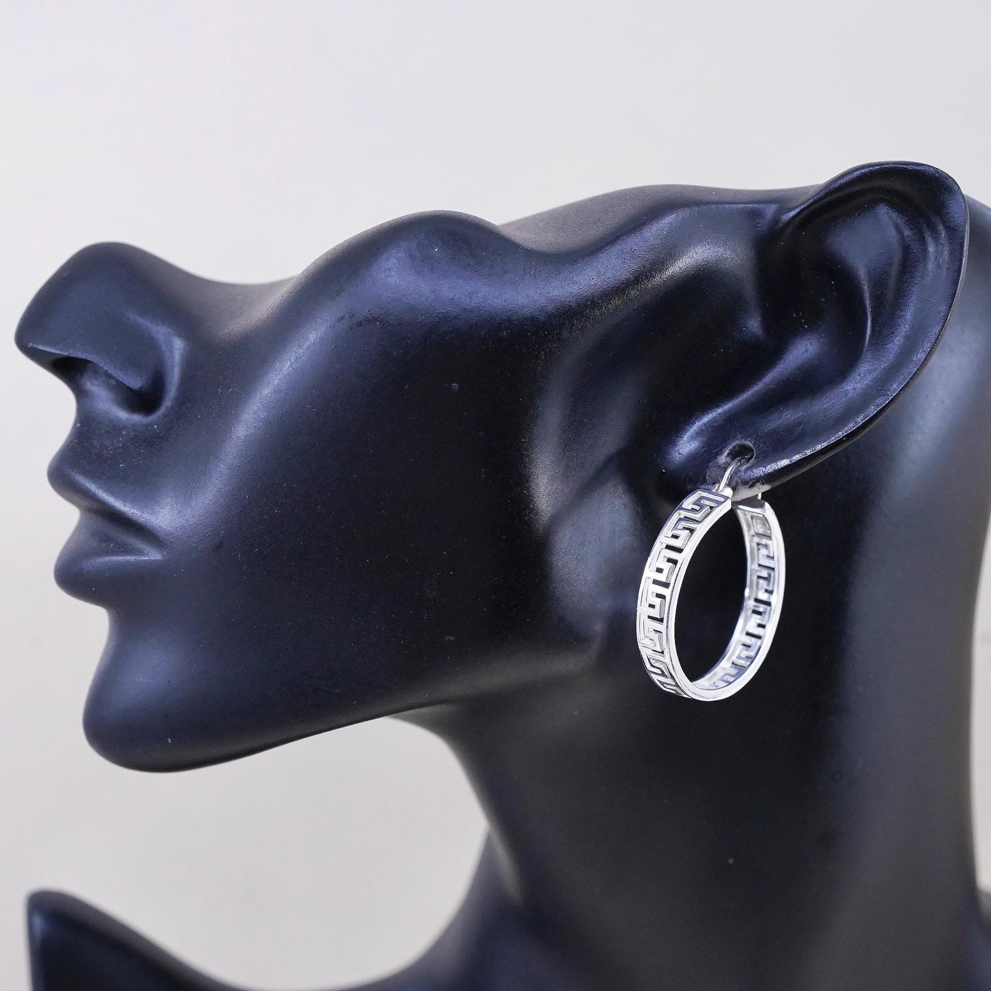 1", Vintage 925 sterling silver loop earrings, fashion Greek key openwork hoops