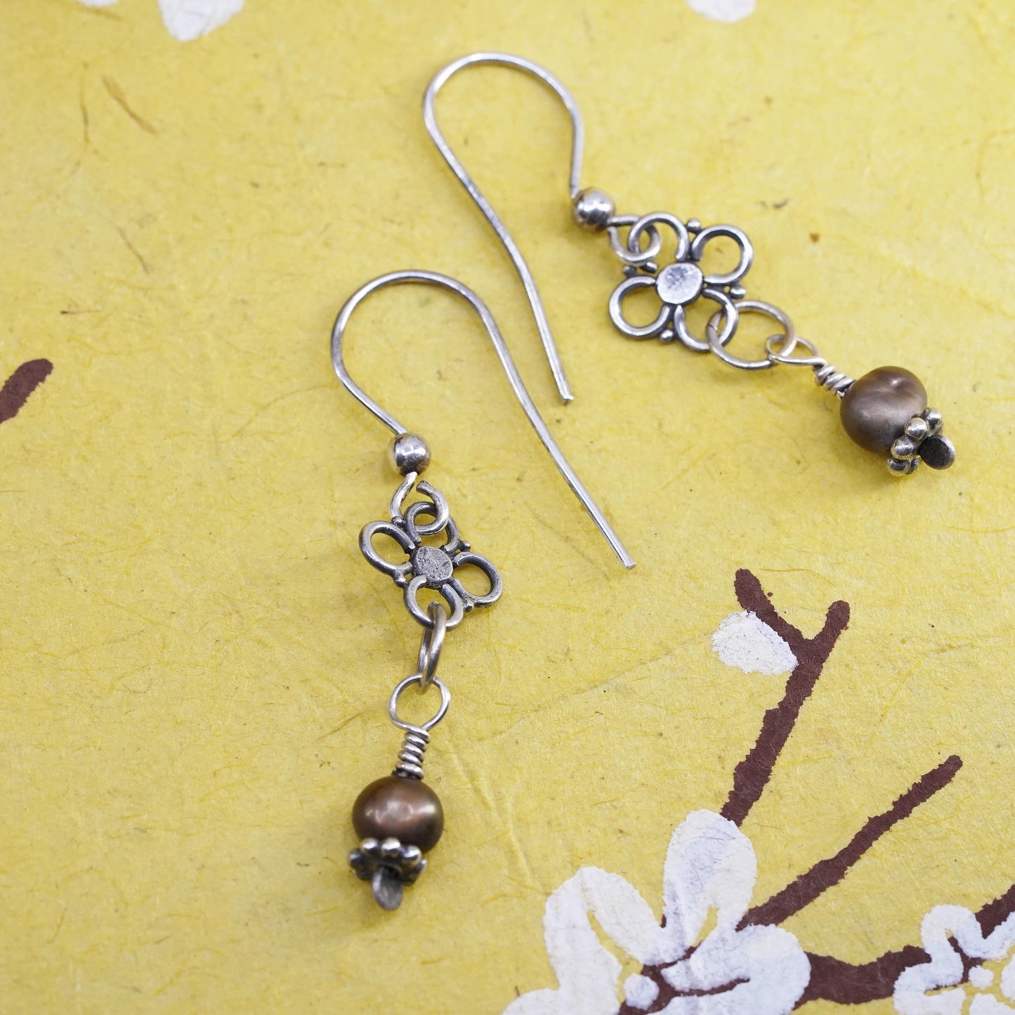 Vintage Sterling 925 silver handmade earrings with pearl and flower dangles