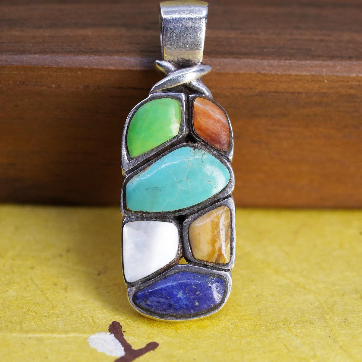 Vintage Sterling Silver 925 Multi Stone Turquoise Lapis Mother of Pearl Pendant