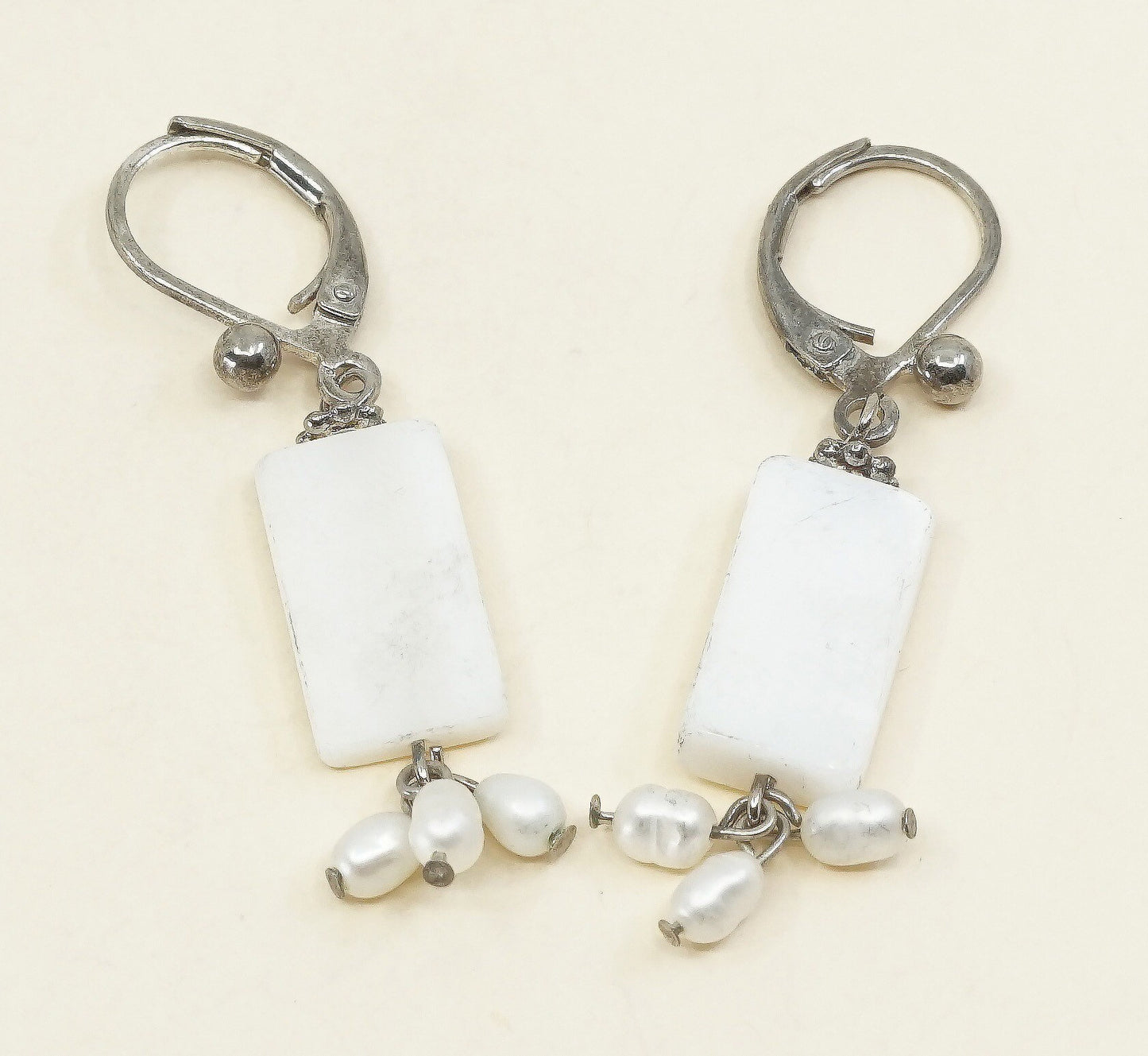 VTG sterling silver handmade earrings, 925 w/ mother of pearl tag n pearl beads