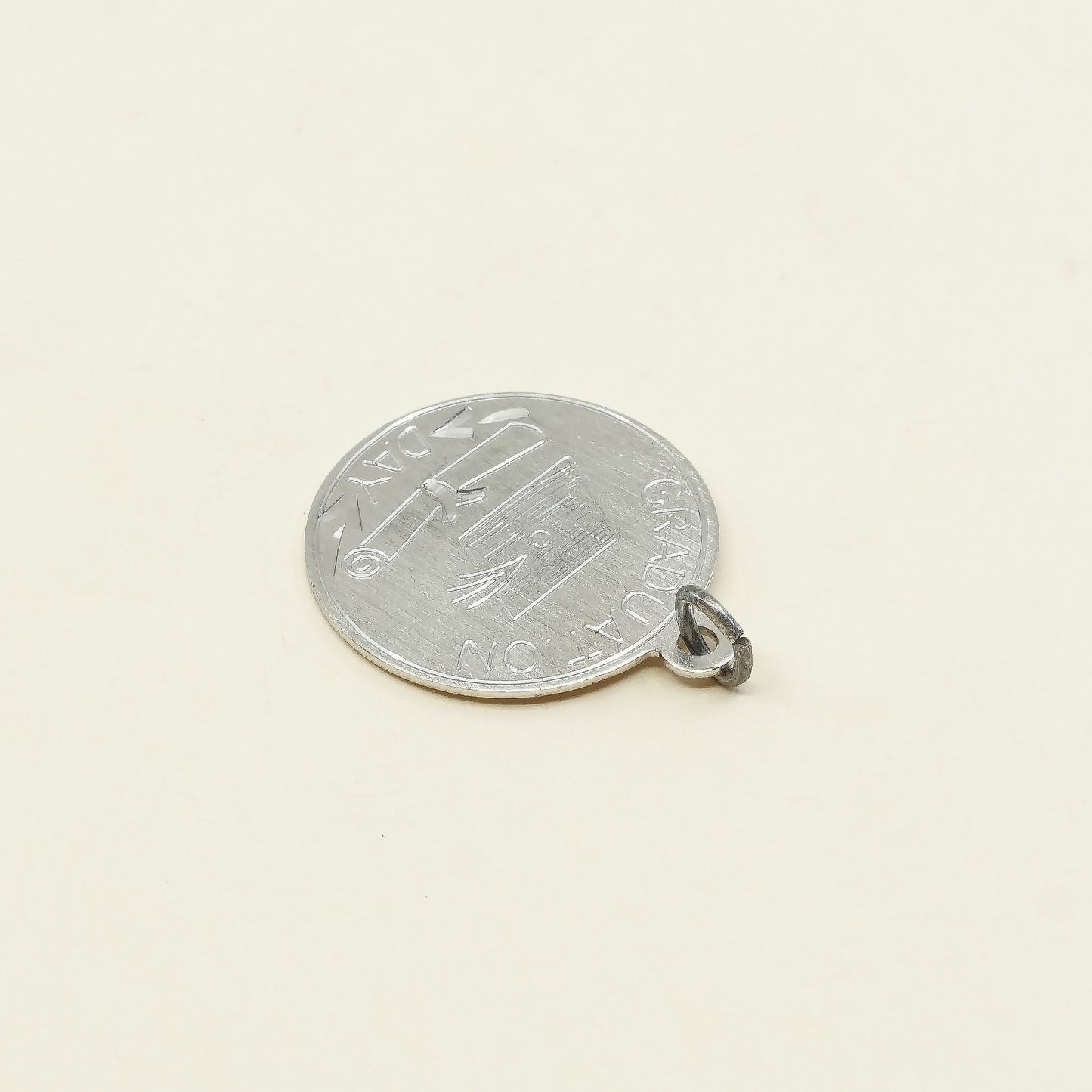 vtg sterling silver graduation pendant, 925 silver circle tag charm