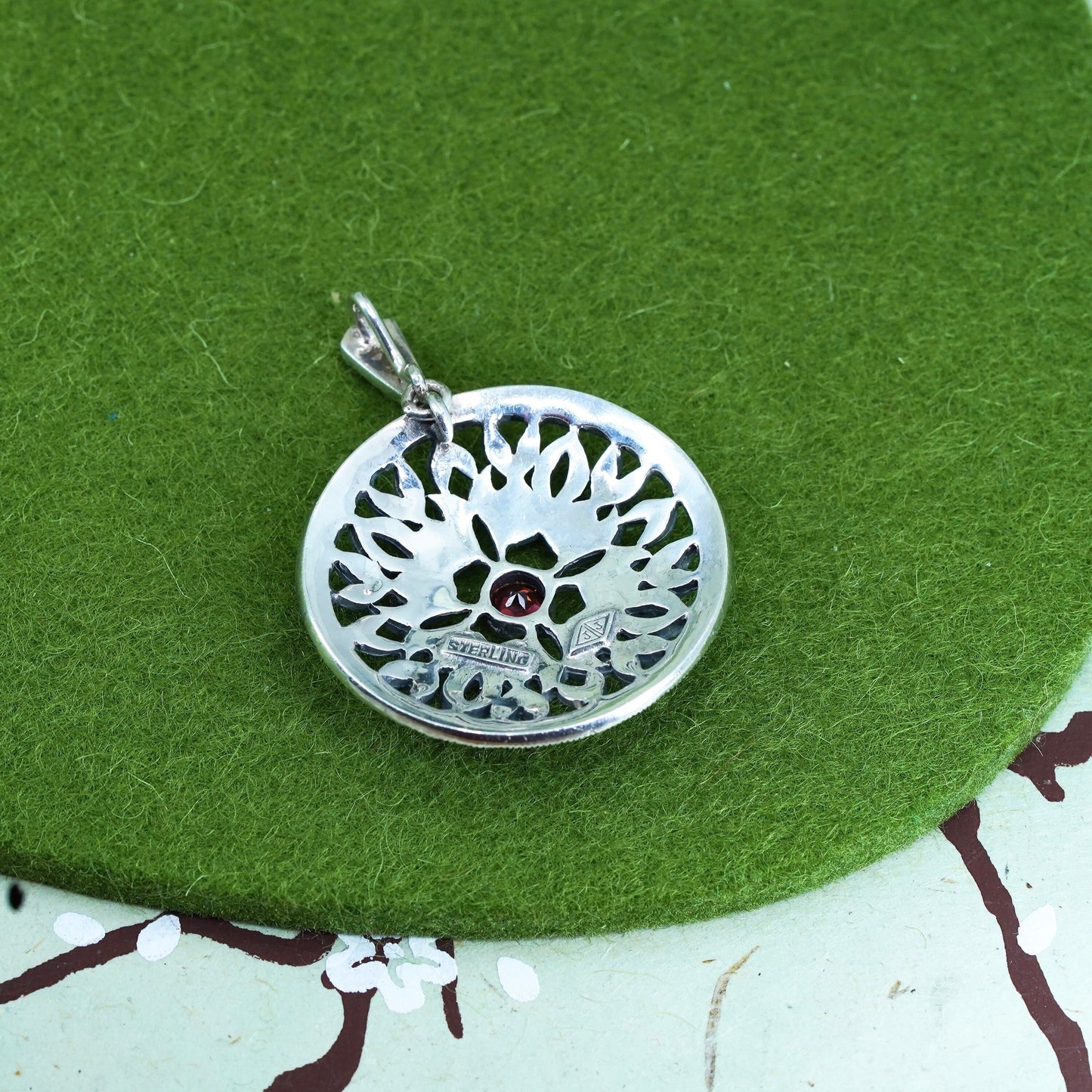 Judith Jack sterling 925 silver handmade filigree pendant with ruby marcasite
