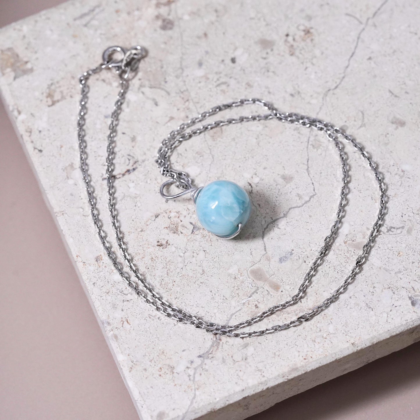16", vintage Sterling silver necklace, 925 circle chain larimar bead pendant
