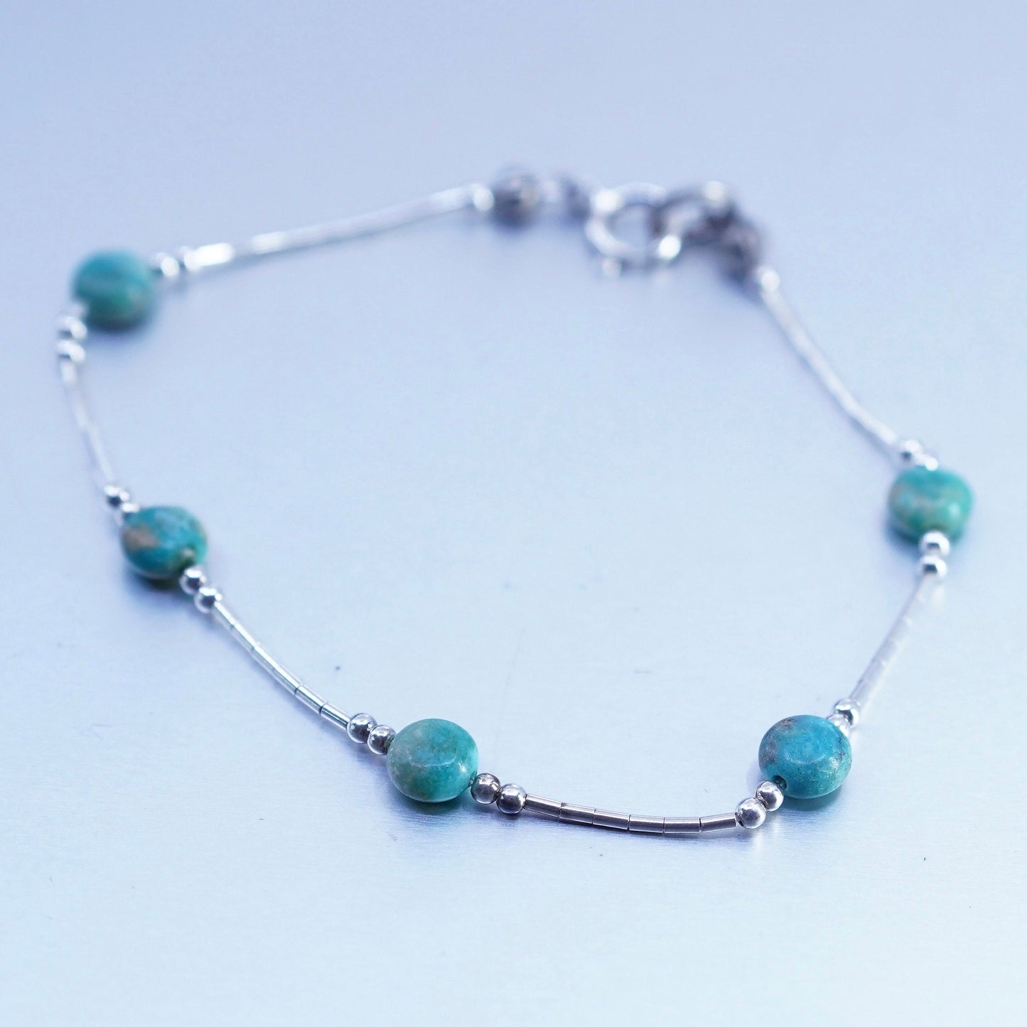 7.5”, Sterling 925 silver handmade bracelet, liquid silver chain turquoise bead