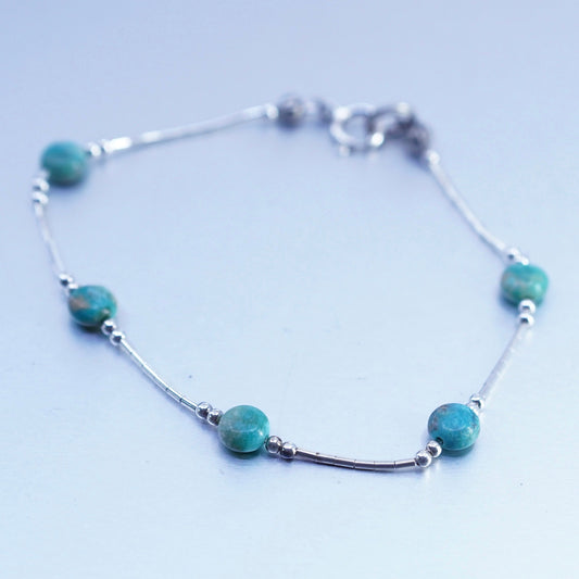 7.5”, Sterling 925 silver handmade bracelet, liquid silver chain turquoise bead