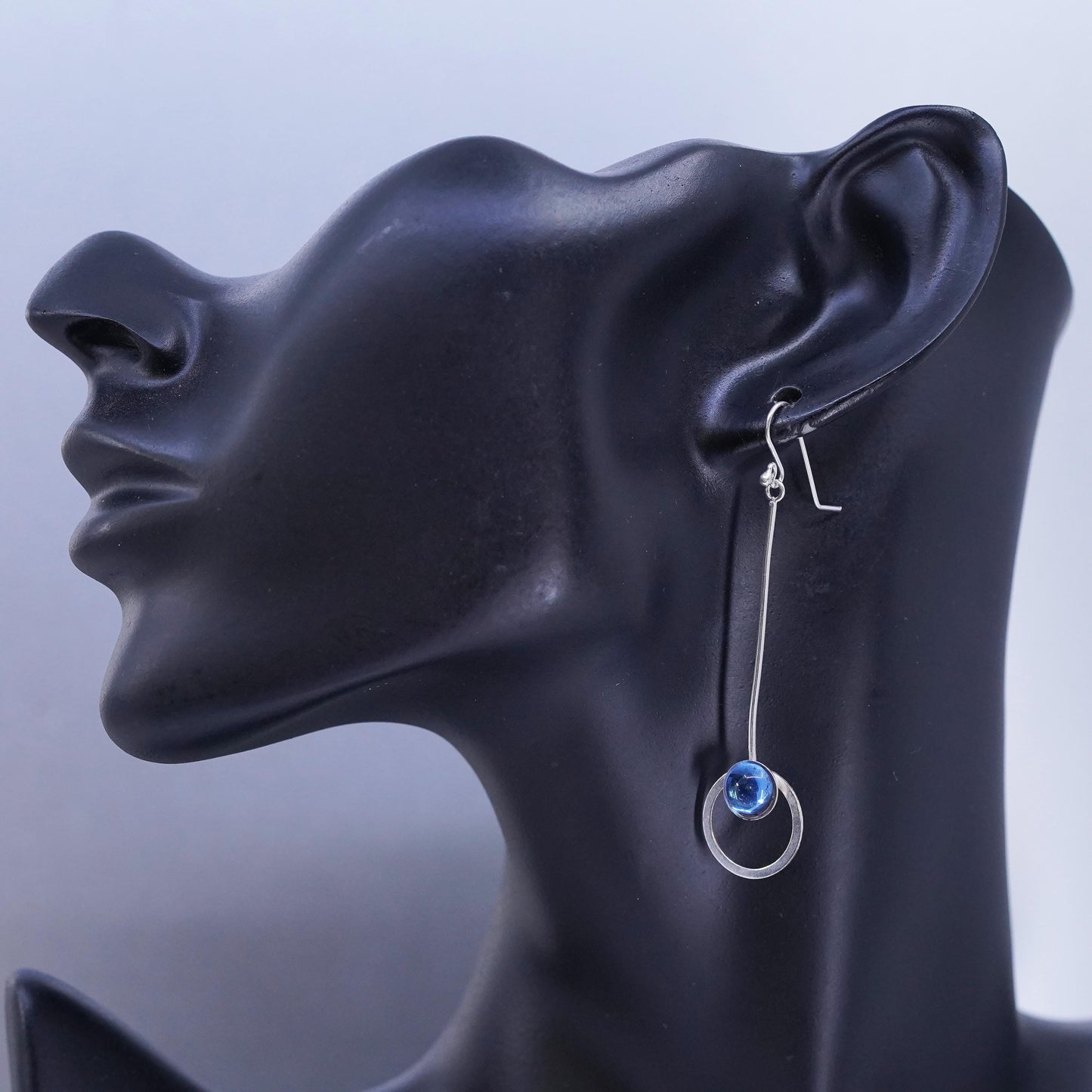 Vintage Sterling 925 silver handmade long circle earrings with blue crystal